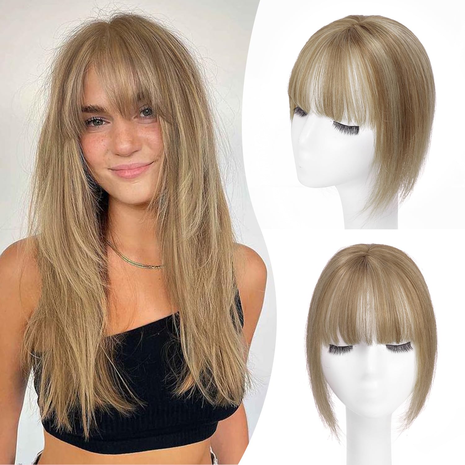 Molefi Human Hair Topper,10 inch Premium Remy Hair Toppers for Women 3 * 3.5 inch Invisible Clip in Bangs for Adding Volume
