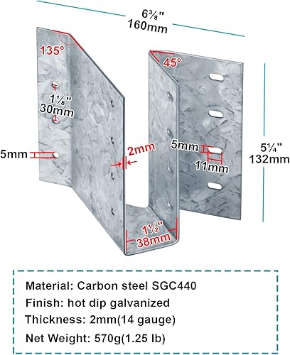 Vista 2 de Paquete de 2 colgadores de viguetas de 45 grados sesgados a la derecha para 2 x 6, soporte de punta de viga de montaje facial, calibre 14