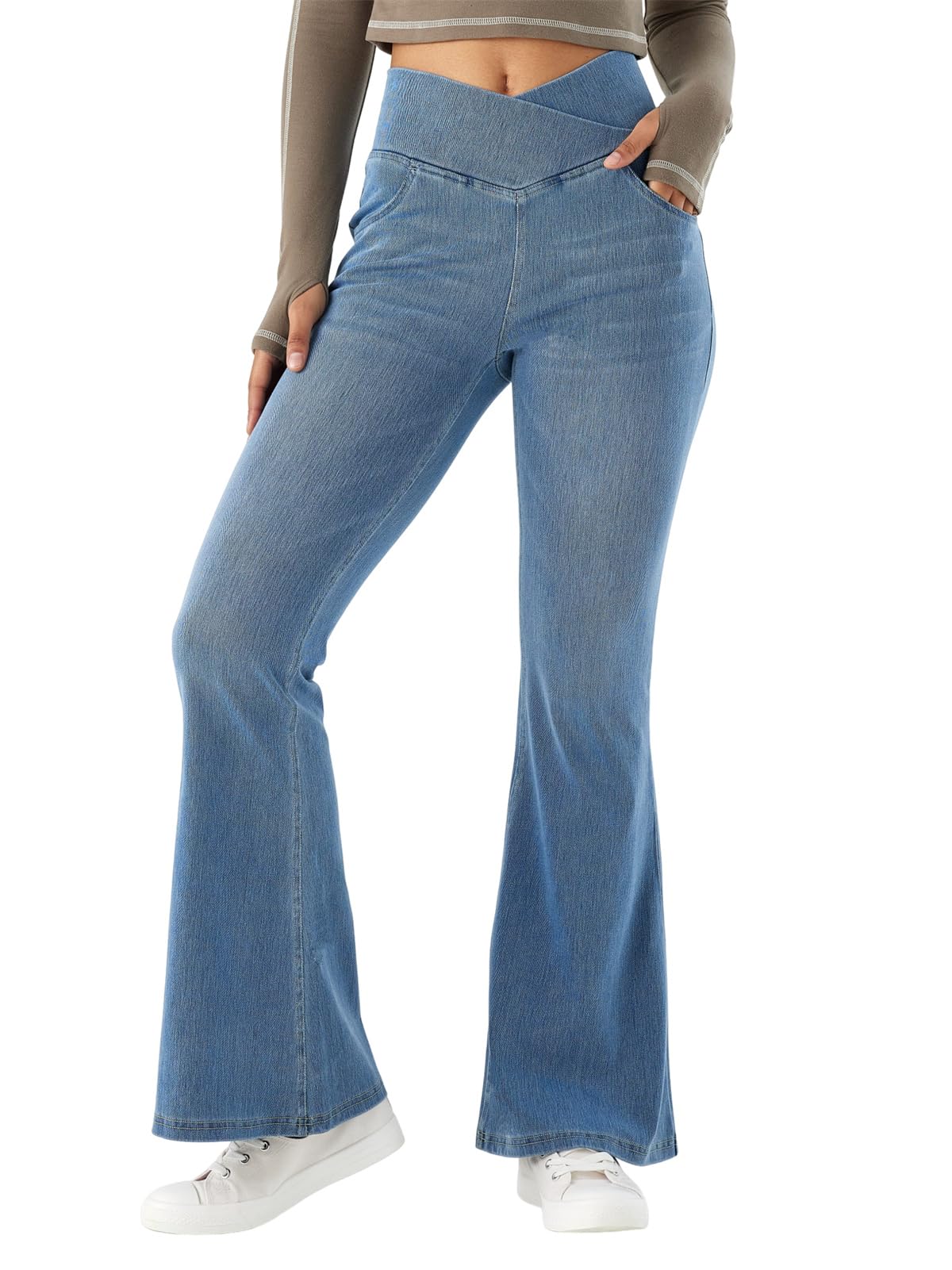SotRong Jean évasé à coupe en V pour femme - Taille haute - Contrôle du ventre - Extensible - Coupe bootcut - Bas cloche - Avec poche - XS à XL