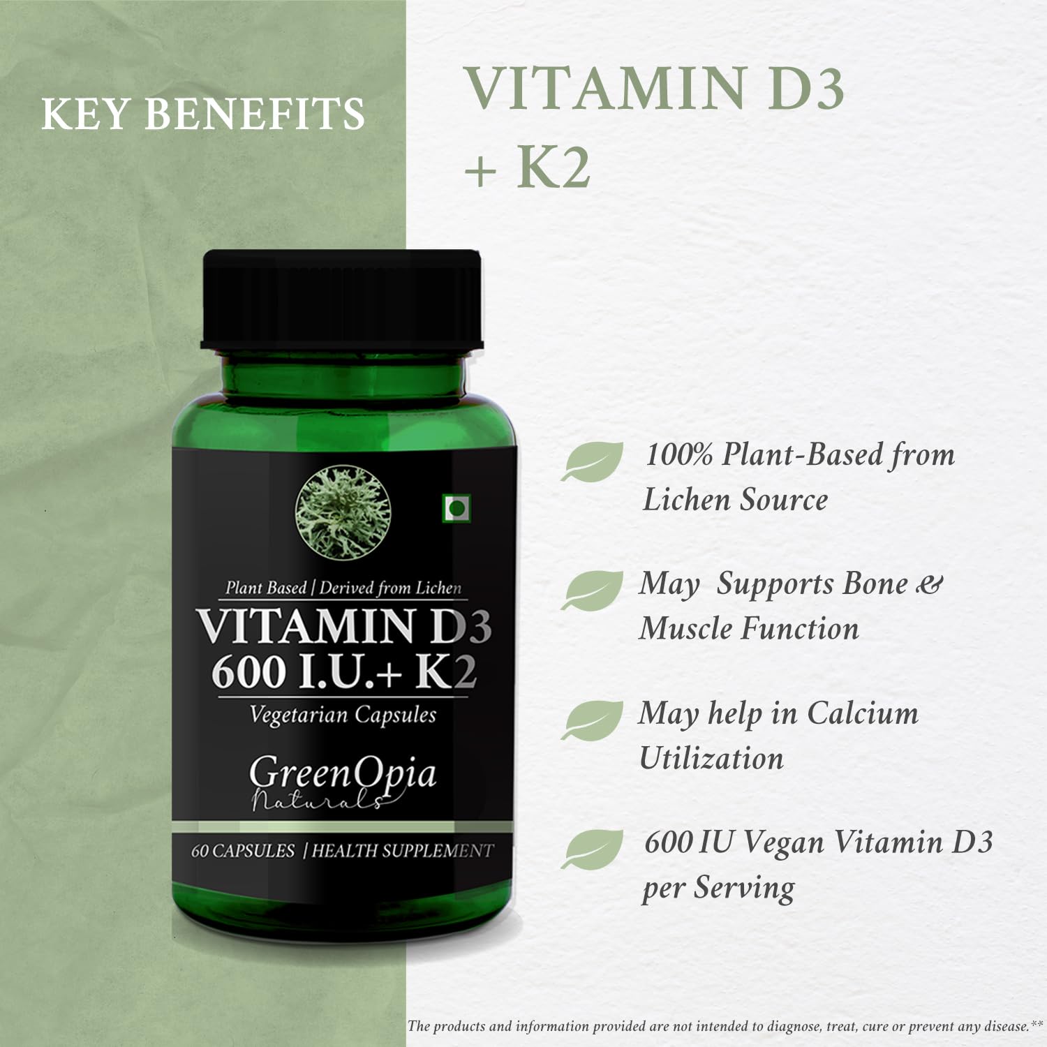Plant Based Vitamin D3 600 IU + K2 | 60 Vegetarian Capsules — Amazon image 3