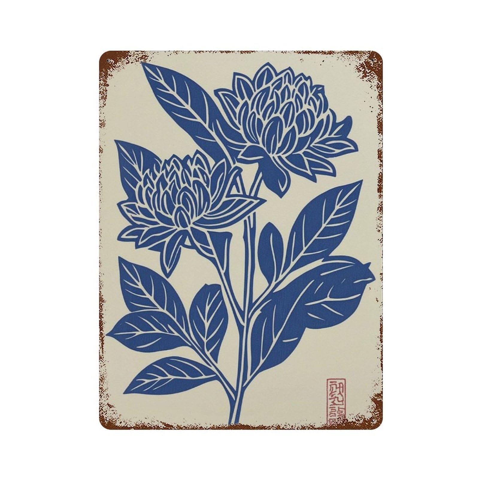 xiaoxiaoshen Japanese Flower Woodblock Style Botanical Blue Floral Minimalist Asian Line Wall Decor Art Metal Tin Poster Modern Home Decor Art Home Bar Shop Decorations Vintage Sign 40x30cm