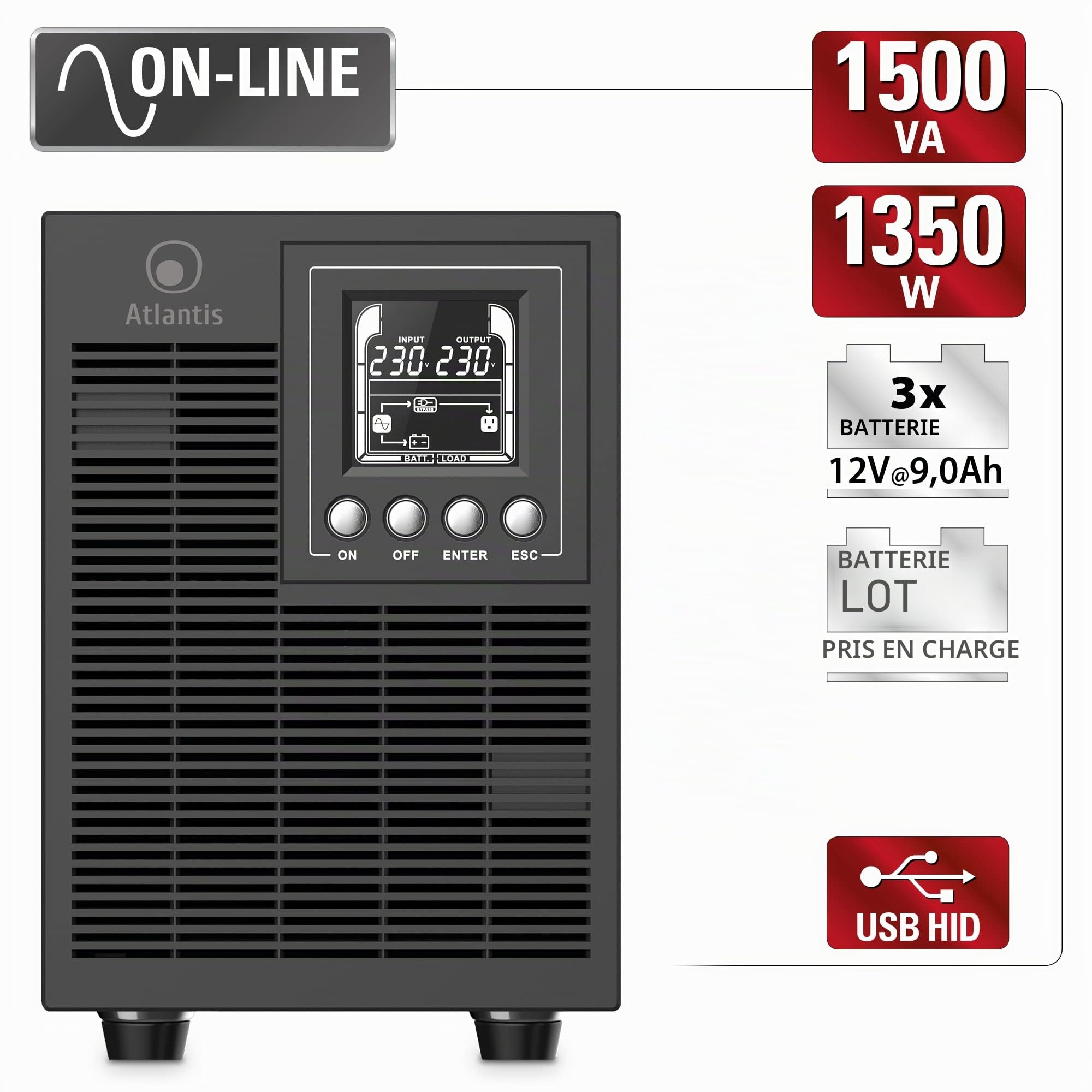 Atlantis A03-OP1502P Pro Onduleur (UPS) Online Double Conversion et Pure sinusoïde avec Une Puissance de 1500VA 1350W, Tour, écran LCD, USB, RS-232 série, 4 Sorties IEC, Slot SNMP, 3x12V-9Ah