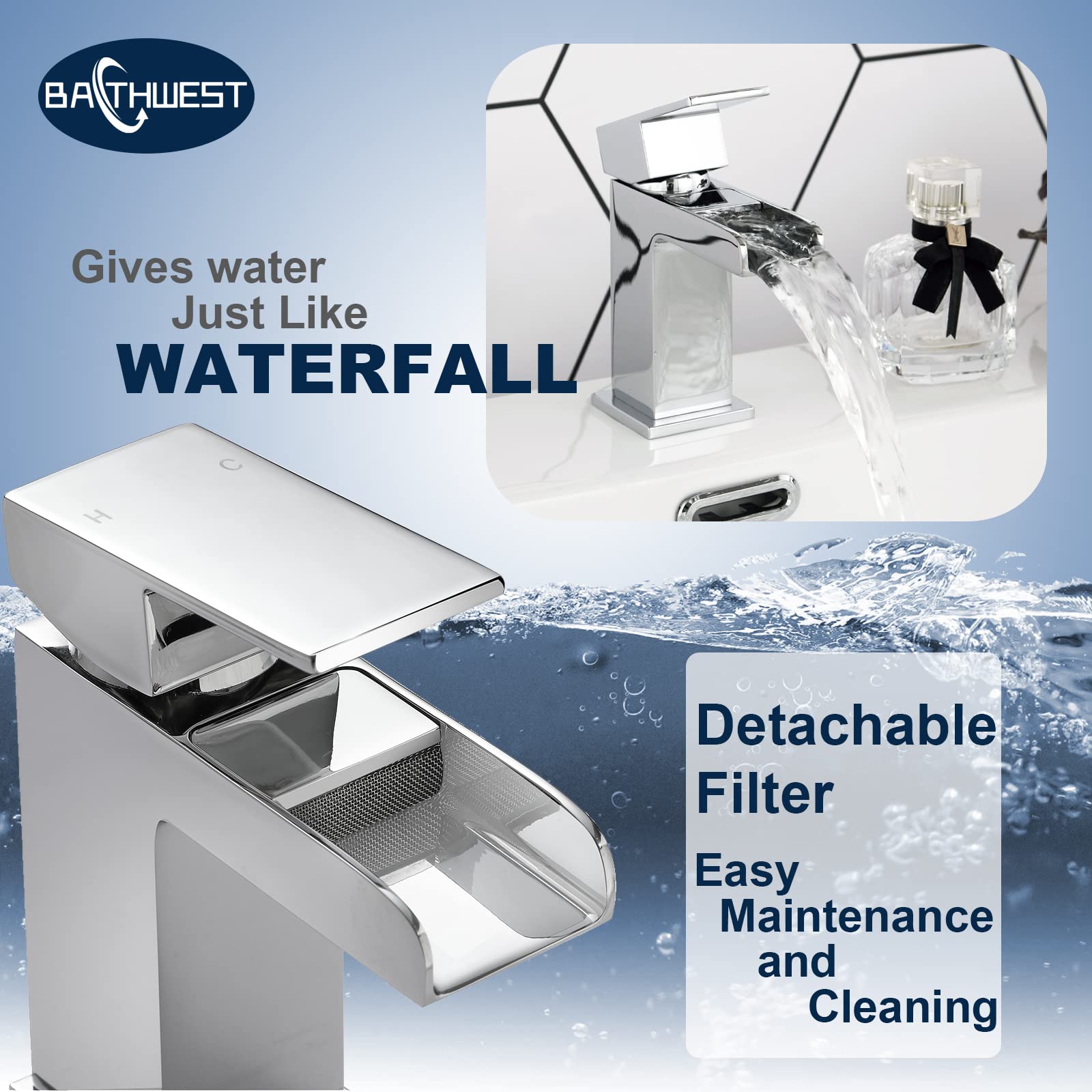 Cascade 612M Robinets de lavabo carrés avec bonde pop-up monobloc en laiton chromé avec vidage