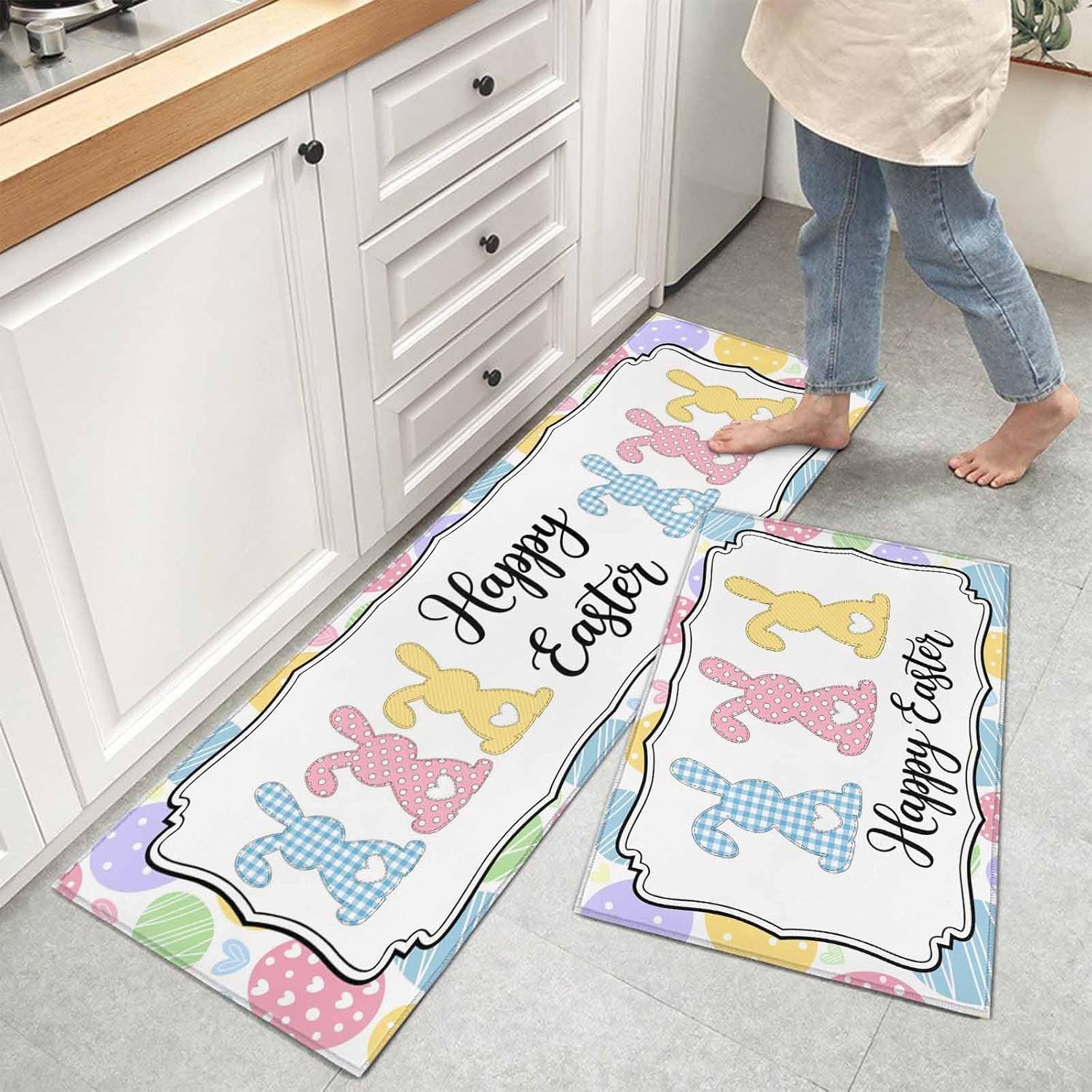 Teamery Kitchen Mats for Floor Happy Easter Bunnies Washable Non Slip Kitchen Rugs 2PCS, Watercolor Eggs Rabbits Absorbent Standing Mats for Sink Bathroom Office Living Room 15.7x23.6in+15.7x47.2in
