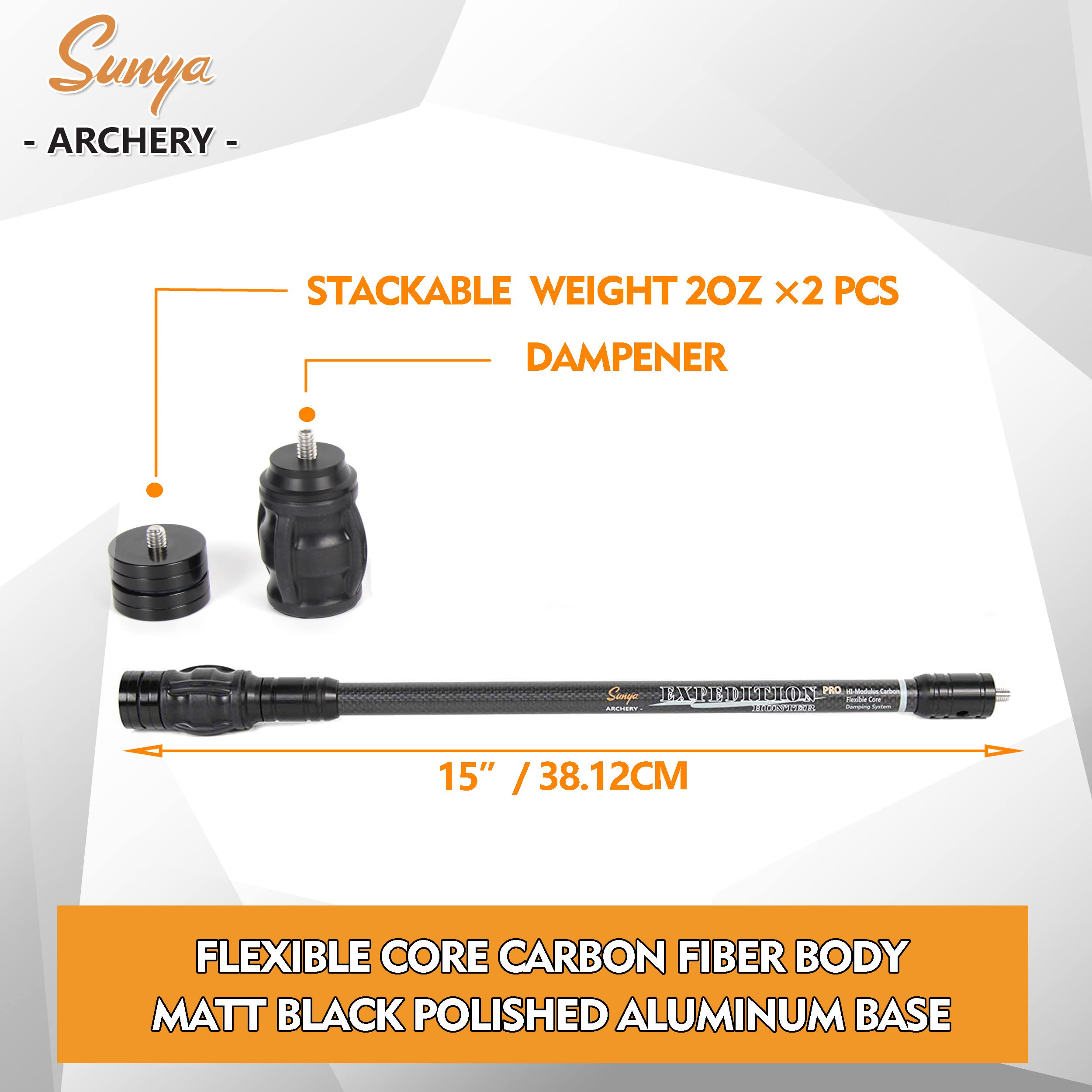 SUNYA Stabilisateur d'arc en Carbone pour la Chasse, Noyau Flexible avec système d'amortissement et Poids, (Carbone Noir, 38,1 cm)