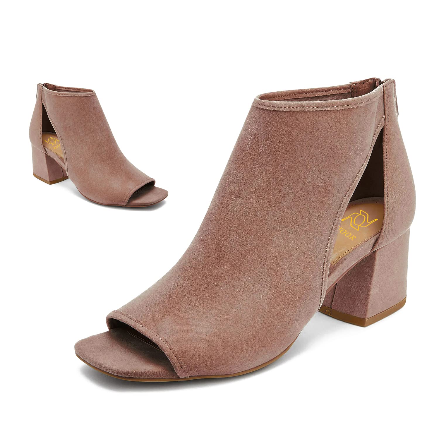 LEHOOR Women Chunky High Heel Booties Suede Open Toe Side Cut-Out Ankle Boots Back Zipper Matte 2” Block Stacked Heel Summer Casual Dress Heeled Ankle