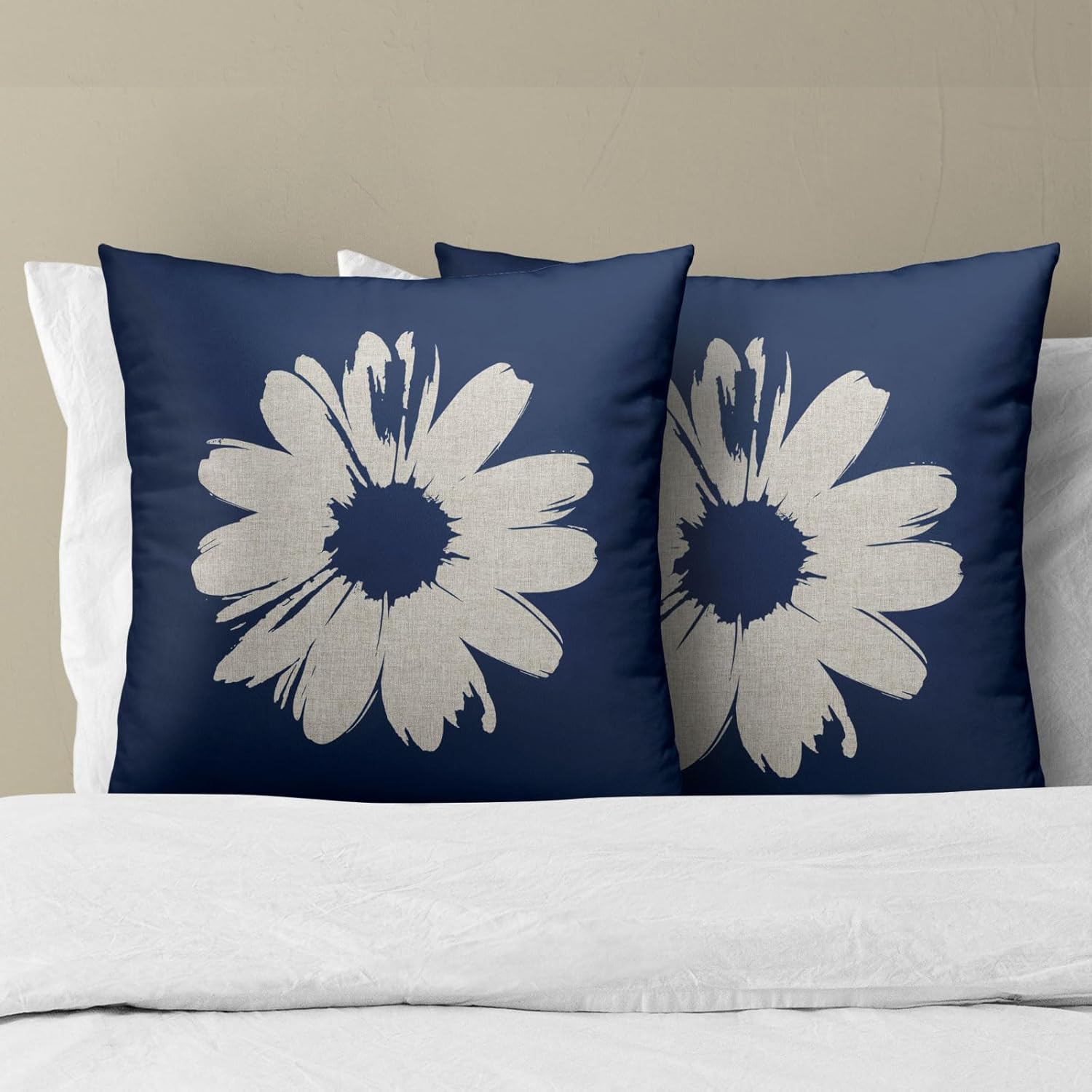 Navy Blue White Daisy Pillow Covers 18X18 Inch Spring Summer Flower Decorative Throw Pillows Set of 2 Outdoor Modern Art Pillowcase Cushion Case for Home Sofa Bedroom Porch - Image 2