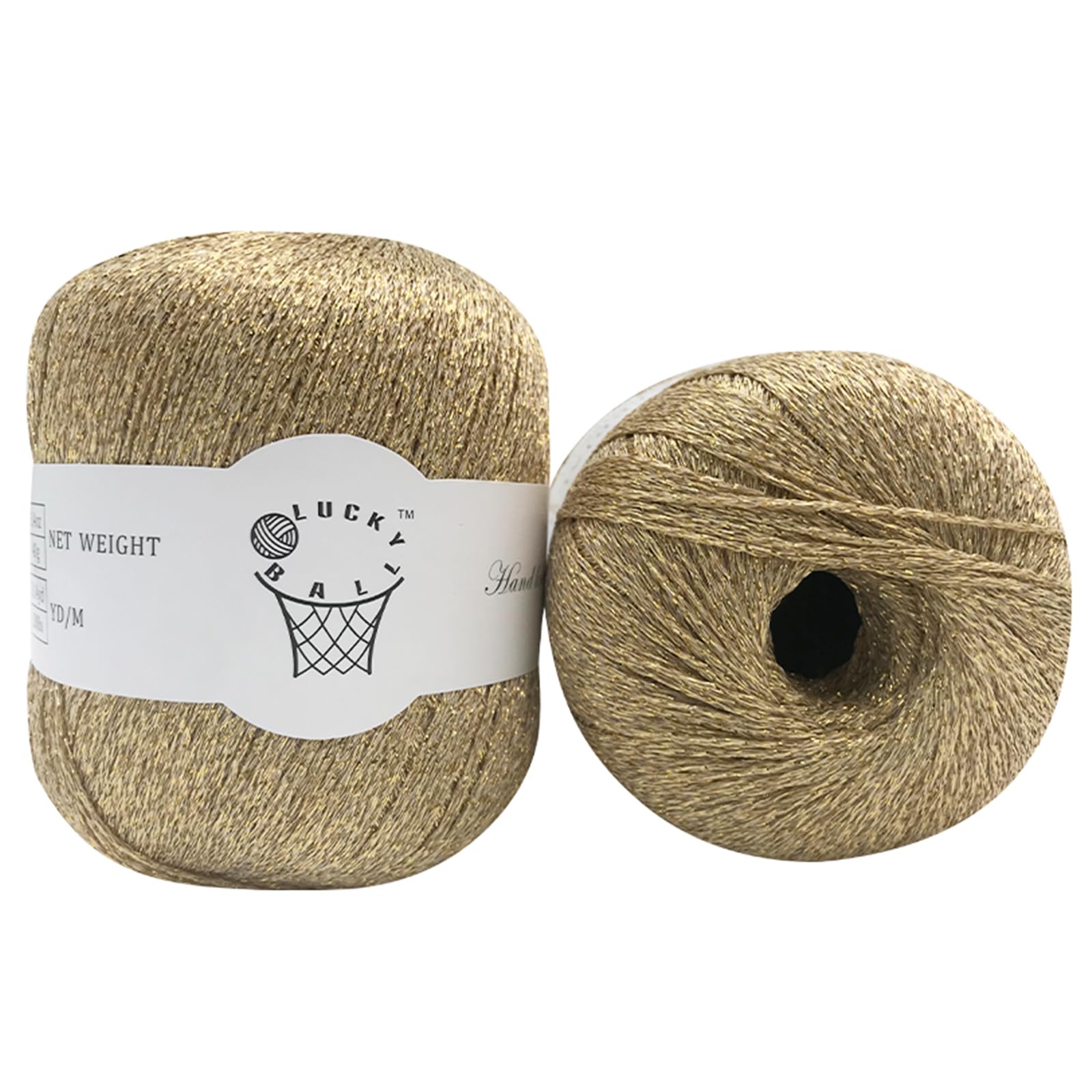 LUCKY BALL 2PCS Metallic Crochet Thread,Yarn for Crocheting,Metallic Thread Round Band Yarn,Lurex Yarn with Metallic Shine, Sparkle Metallic Yarn for Clothes, Car Charm, Keychain Charm 80g(Gold)