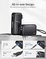 Vista 2 de Cargador portátil de 22.5 W con cable USB-C integrado y enchufe de pared, cargador de batería USB C de carga rápida de 10,000 mAh, paquete