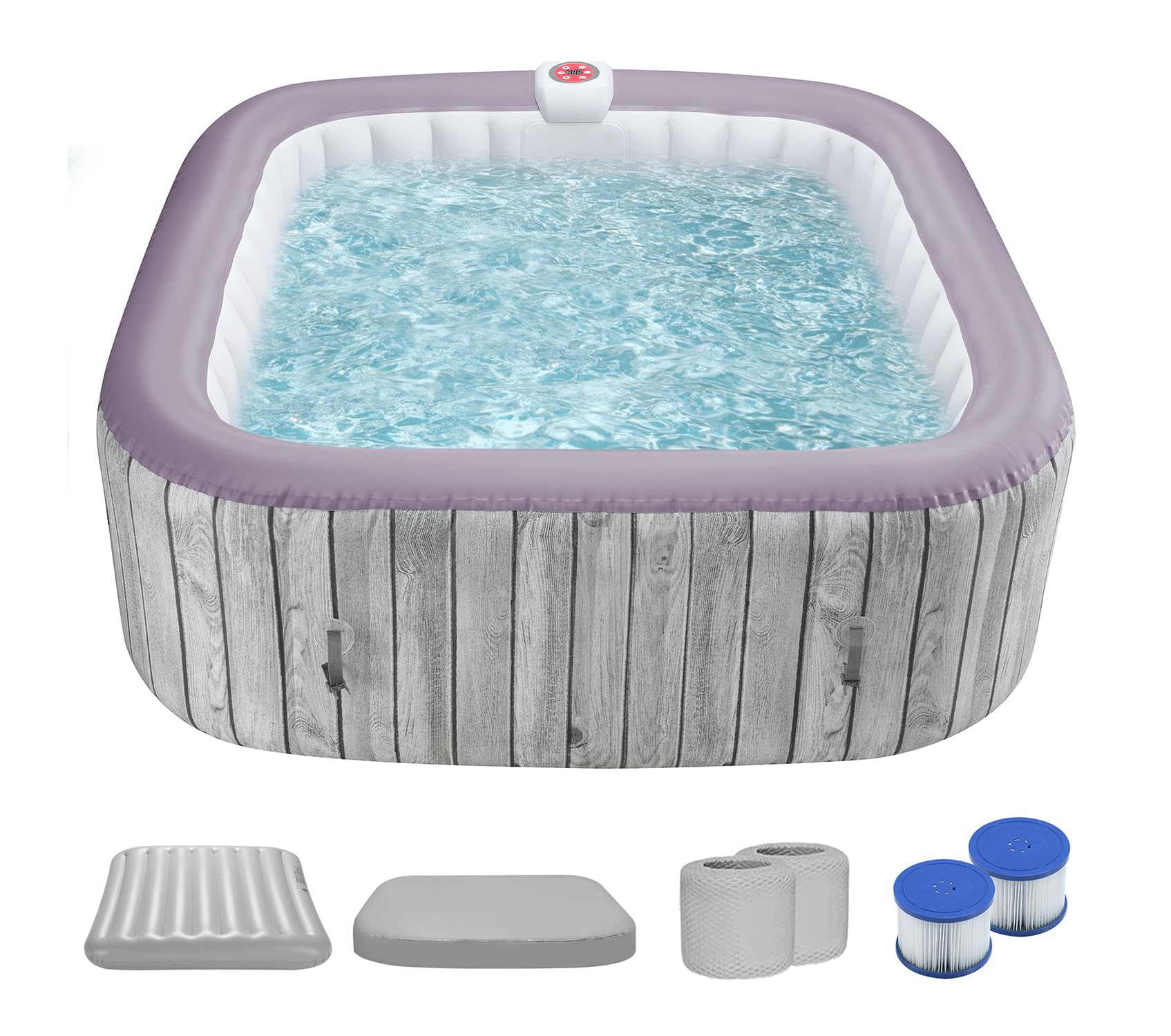 73" Hot Tub Inflatable with 130 Air Jets,Square Hot Tub for 4-6 Person,Outdoor Spa with Built-in Fastfill Inflation System,Insulation Lid for Patio,Deck Use (Woodgrain Gray + Purple)