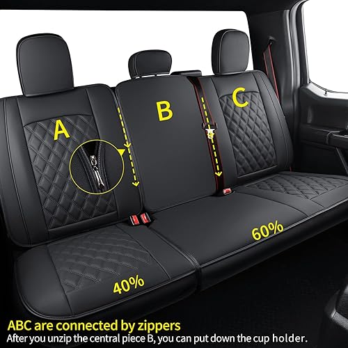 Vista 31 de LUCKYMAN Club Fundas de asiento de piel sintética F150 S07-Q2, aptas para camionetas 2015-2025 F150 SuperCrew y 2017-2025 F250 F350 F450 Super Duty
