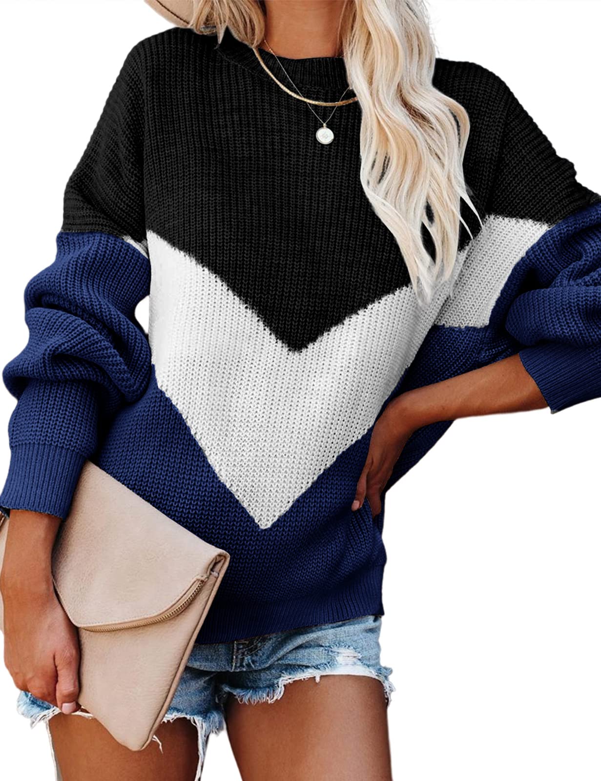 heekpek Maglione Oversize Donna Girocollo Invernale Maglione Lavorato a Maglia Donna con Pannello a Righe V Maniche Lunghe Casual Pullover per Autunno Inverno