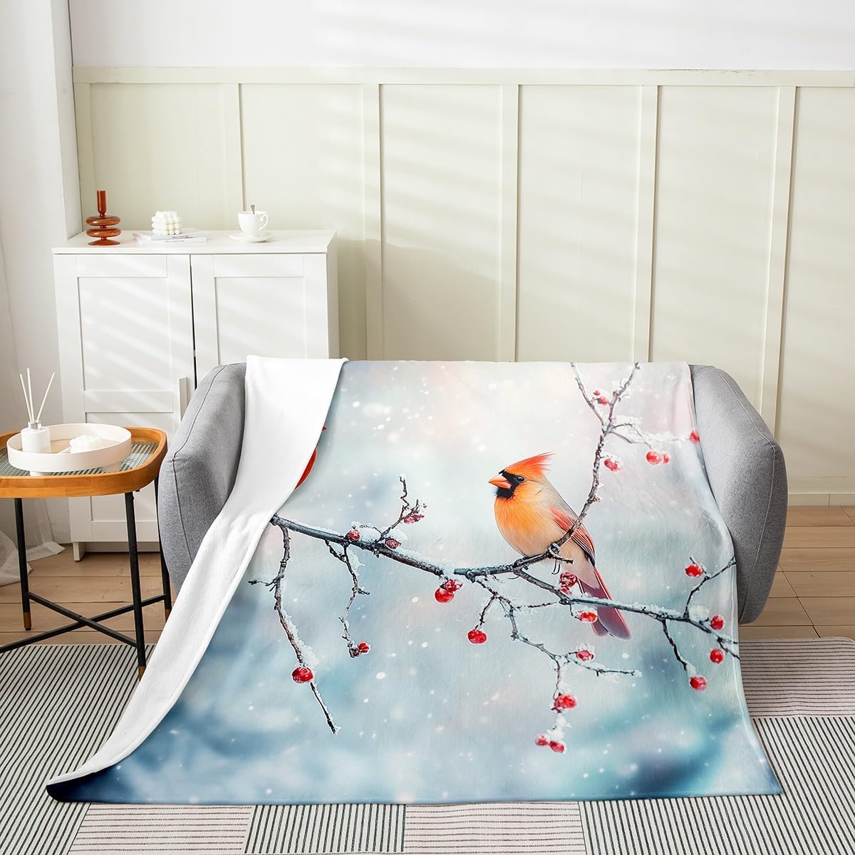 Feelyou 3D Cardinal Bird Flannel Fleece Throw Blanket Twin 60"x80" Farmhouse Red Birds All Season Bed Blanket for Sofa Couch Snowflake Tree Branches Cute Animal Fuzzy Blanket Red Plush Blanket