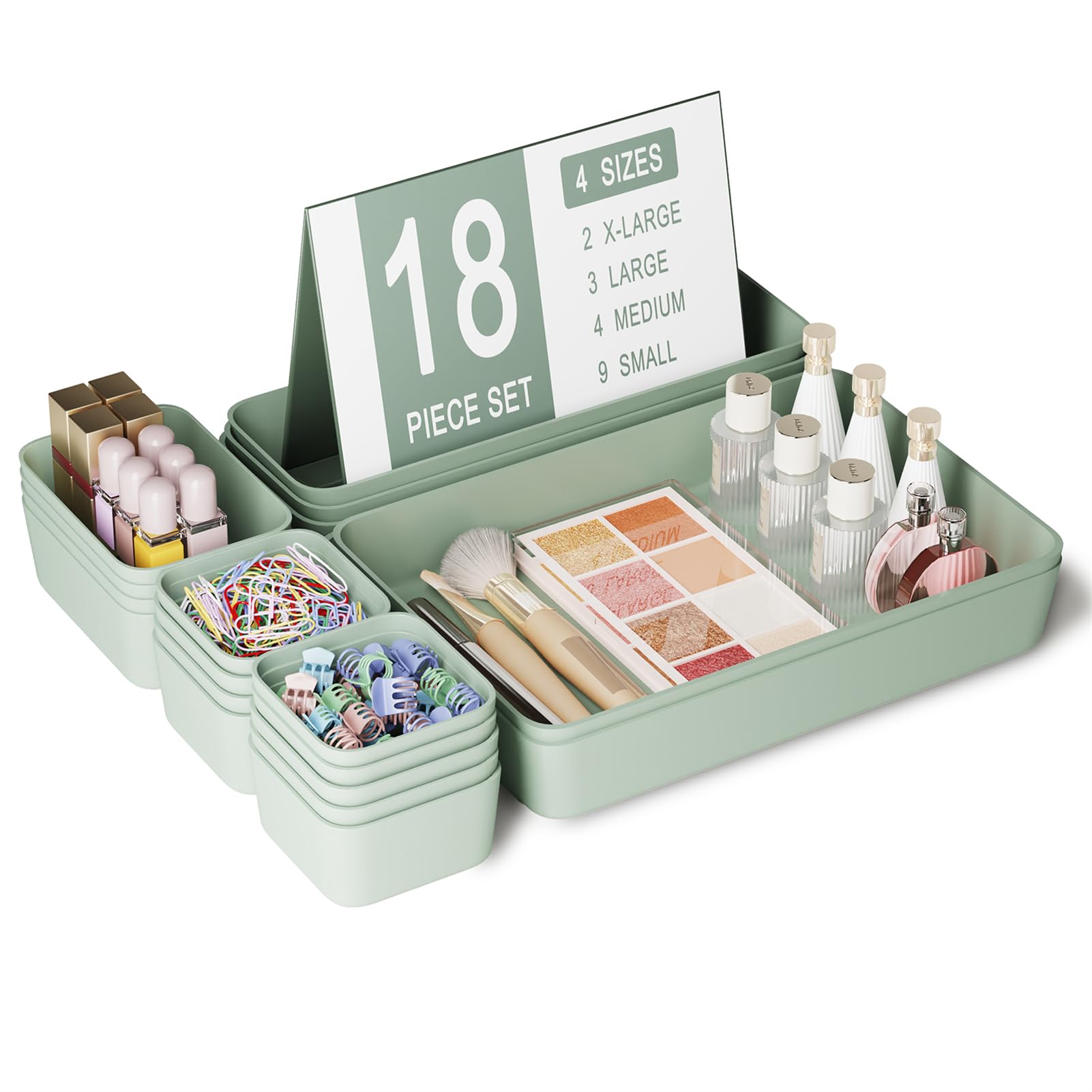 Homhut Plastic Drawer Organizers, 18 PCS Drawer Organizer Bins, Bathroom and Vanity Organizer Plastic Tray, Makeup organizer and storage for Makeup,