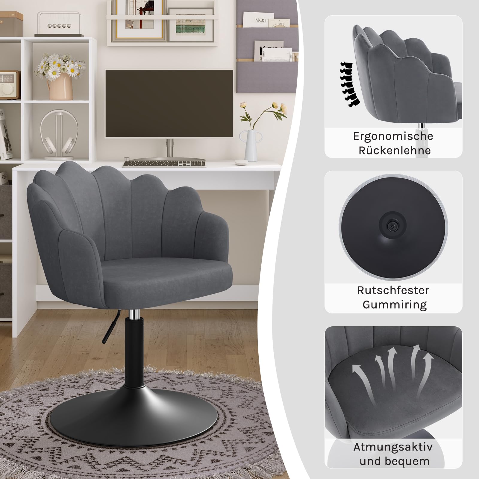 WOLTU Schminktisch Stuhl, Sitzhocker mit Lehne, Schminkstuhl Blumenform, Hocker höhenverstellbar drehbar, Drehhocker Samt, Metall, Dunkelgrau