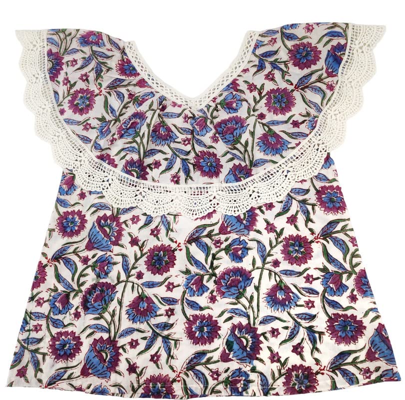 Irodori Hand Block Floral Pattern Cotton Top with Lace Frills for Girls