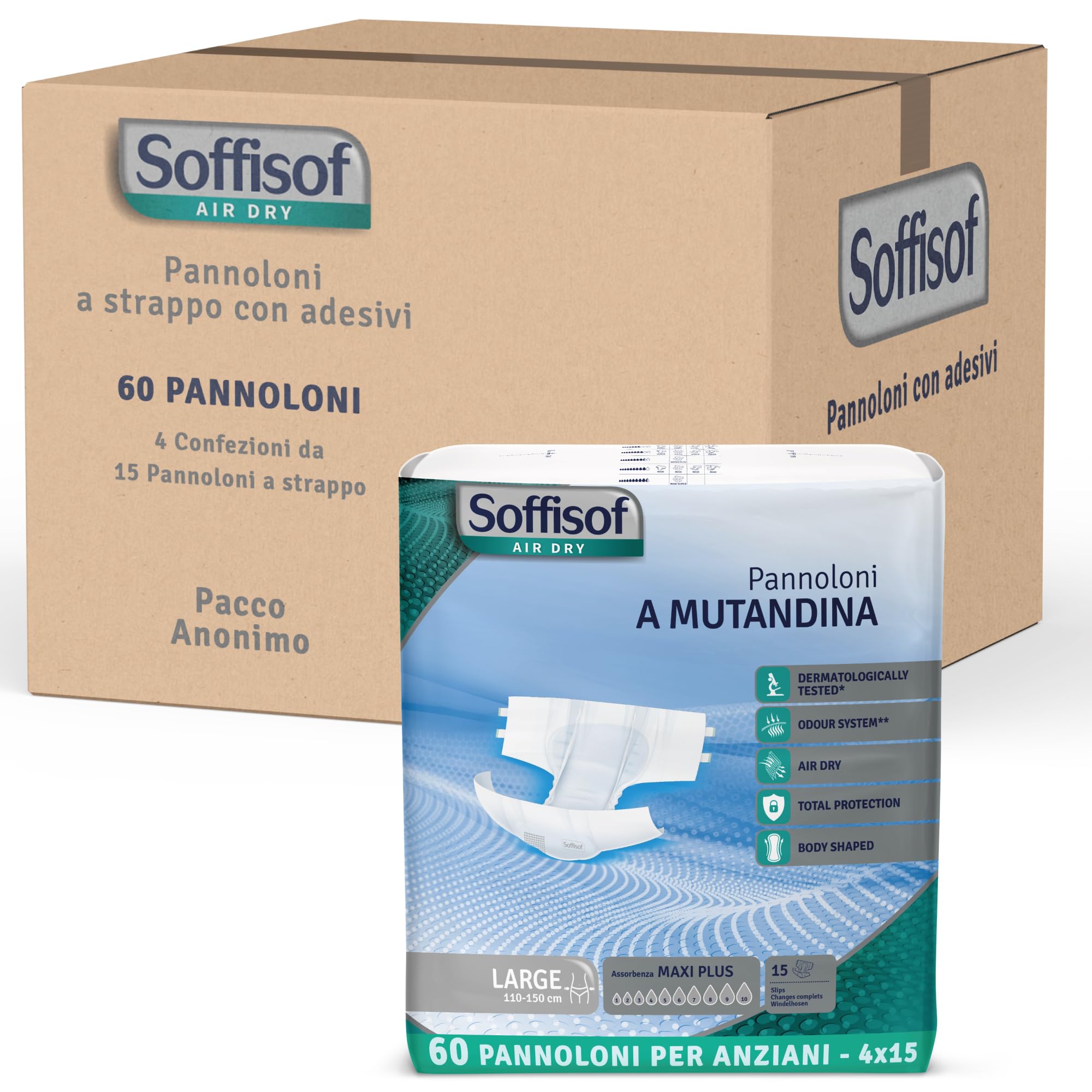 Soffisof Air Dry Windeln für Erwachsene Maxi Plus L - 60x Inkontinenz Slip - 4 Packungen mit 15 Windelhosen, 10 Tropfen - Windelslip Erwachsene