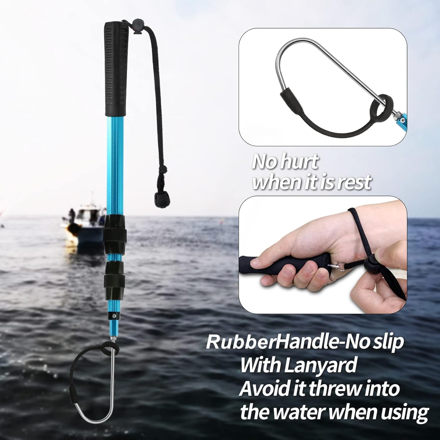 SANLIKE Telescopic Fishing Gaff Aluminum/Fiberglass Pole with Nonslip Rubber Handle Stainless Steel Hook with M8 Screw