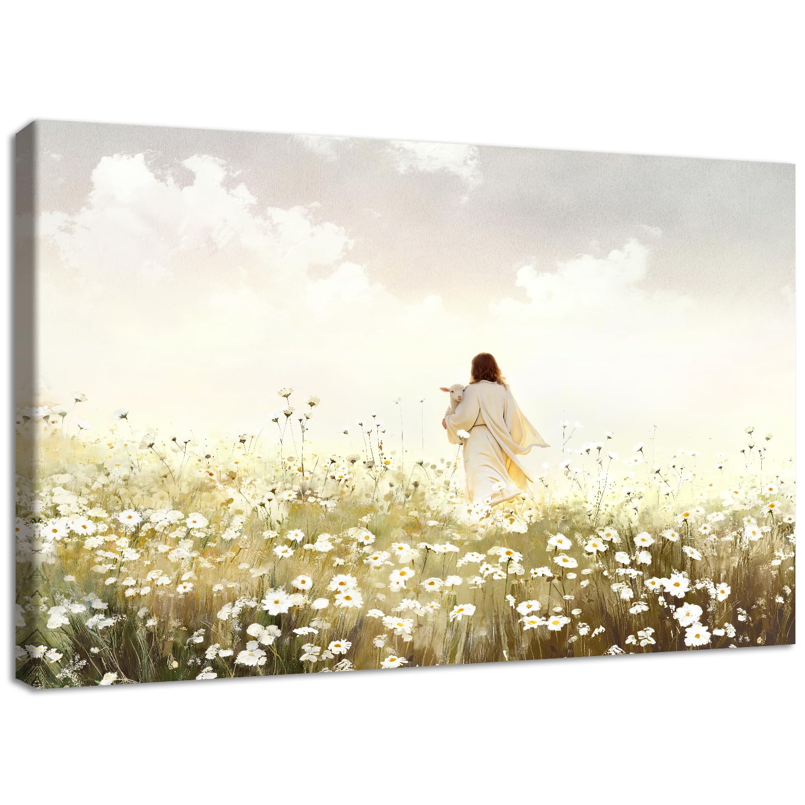Wooden Framed Canvas Wall Art Jesus Holding The Lost Lamb Painting on Canvas Prints Jesus Leaves the 99 Sheep Poster Christian Wildflowers Pictures for Living Room Bedroom Hallway Wall Decor 40x60cm โ image 1