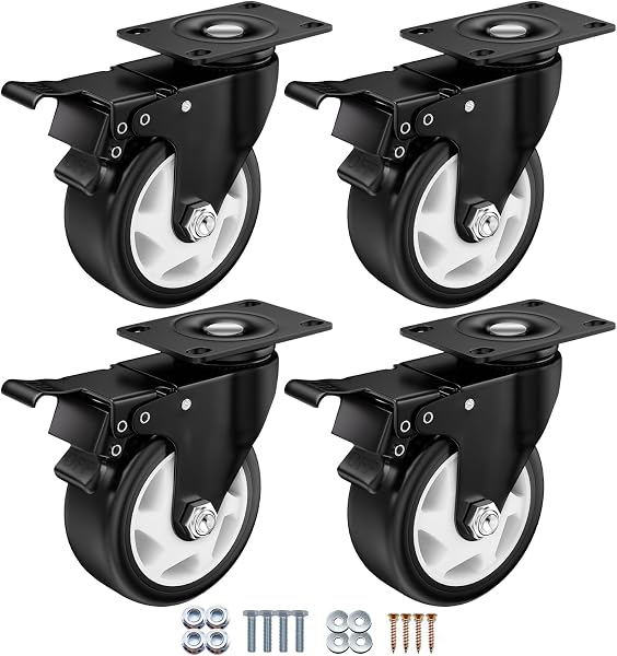 4" Heavy Duty Plate Casters, 1200 Lbs Dual Brake - Set of 4