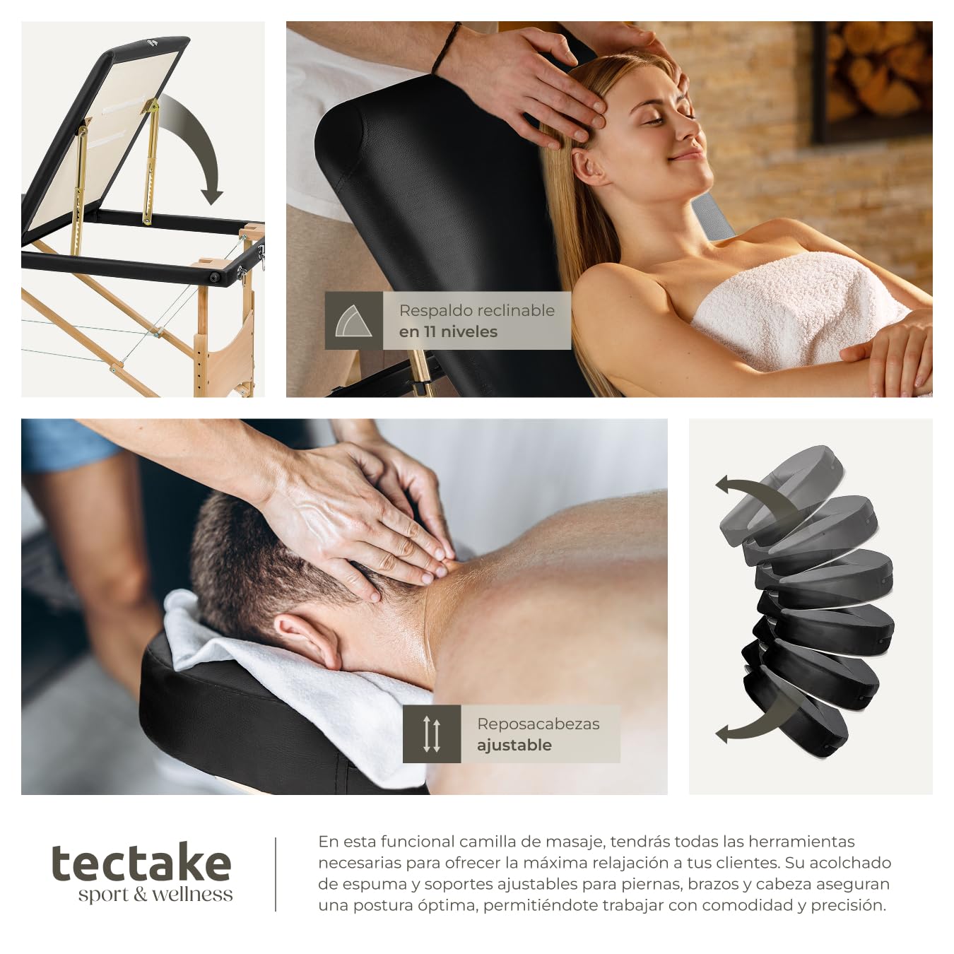 tectake® Camilla Masaje Plegable de Aluminio, Camilla Profesional para Fisioterapia, Quiromasaje, Tatoos, Reiki, Altura Ajustable, 3 Zonas, con Bolsa Transporte - Negro