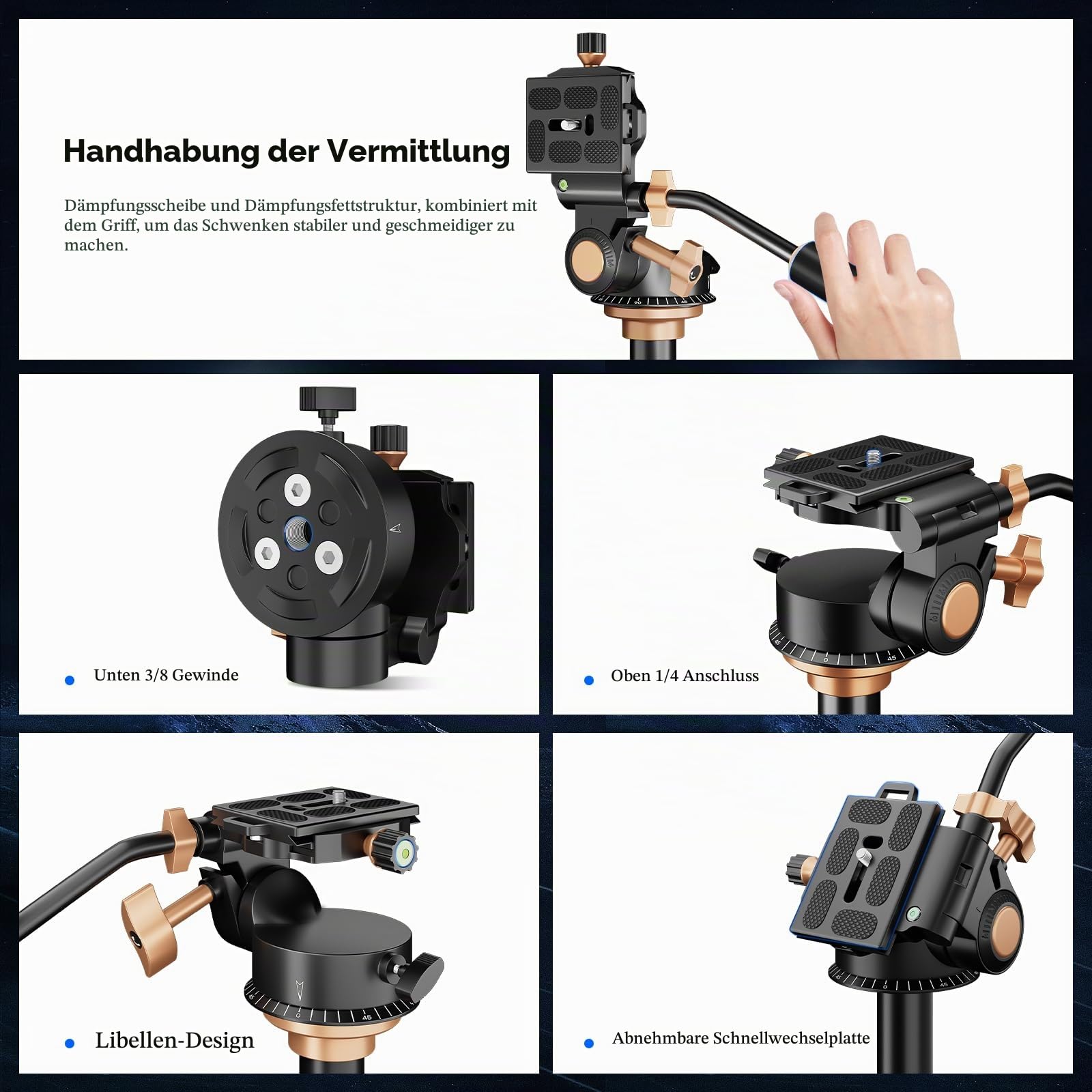 Soonpho Q-08S Heavy Duty Videokamera Stativ Fluidkopf Schwenkkopf mit verlängertem Griff, Stativkopf mit 1/4 Zoll Schraub-Schiebeplatte 360 Grad drehbarer für DSLR, Camcorder, Einbeinstativ
