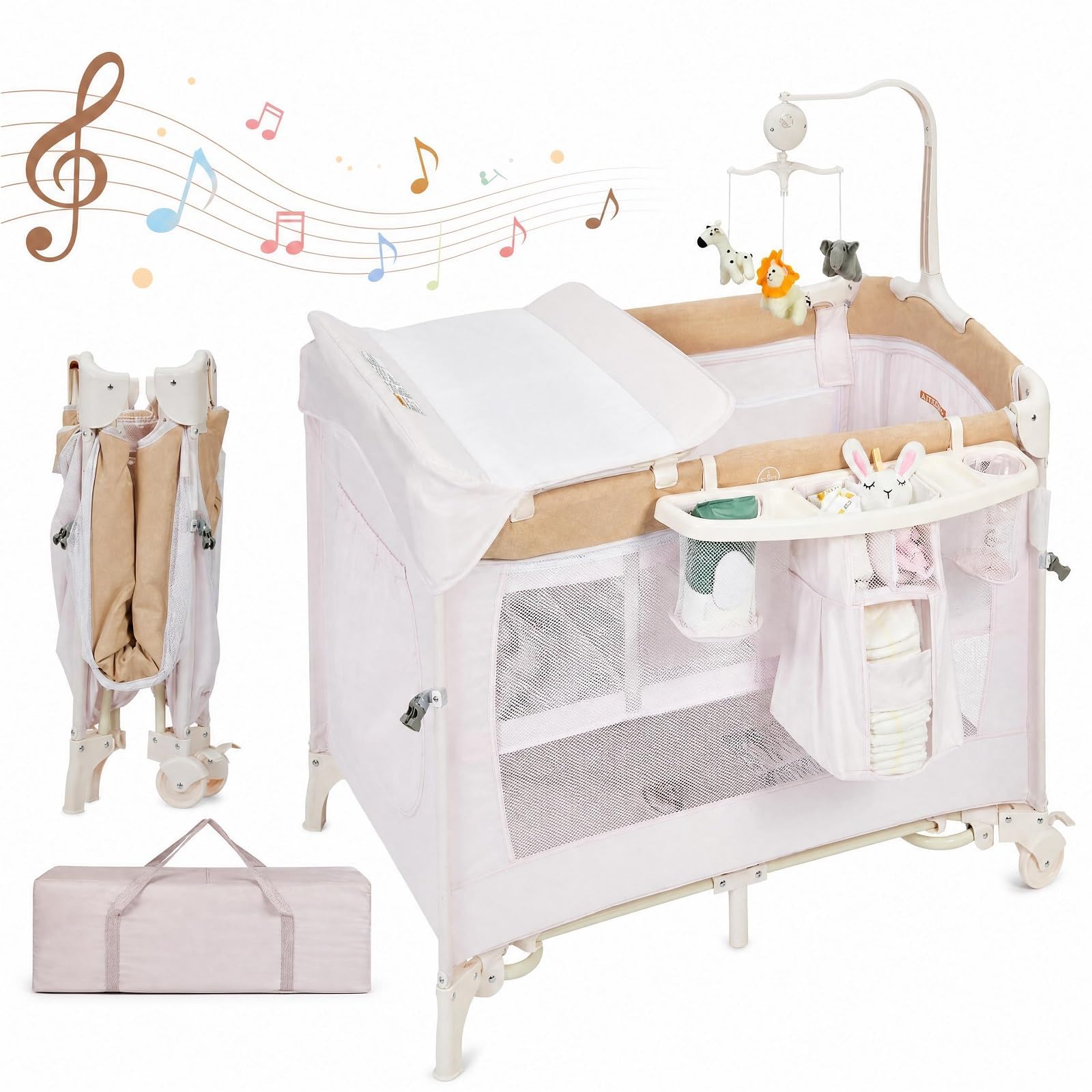 5-in-1 Baby Beistellbett Mit Rollen Klappbar – Vielseitiges Babycenter Als Reisebett, Laufstall, Wickeltisch & Wiege – Inklusive Matratze, Tragetasche, Musikspiel Und Mobile – Bis 15 kg – Rosa