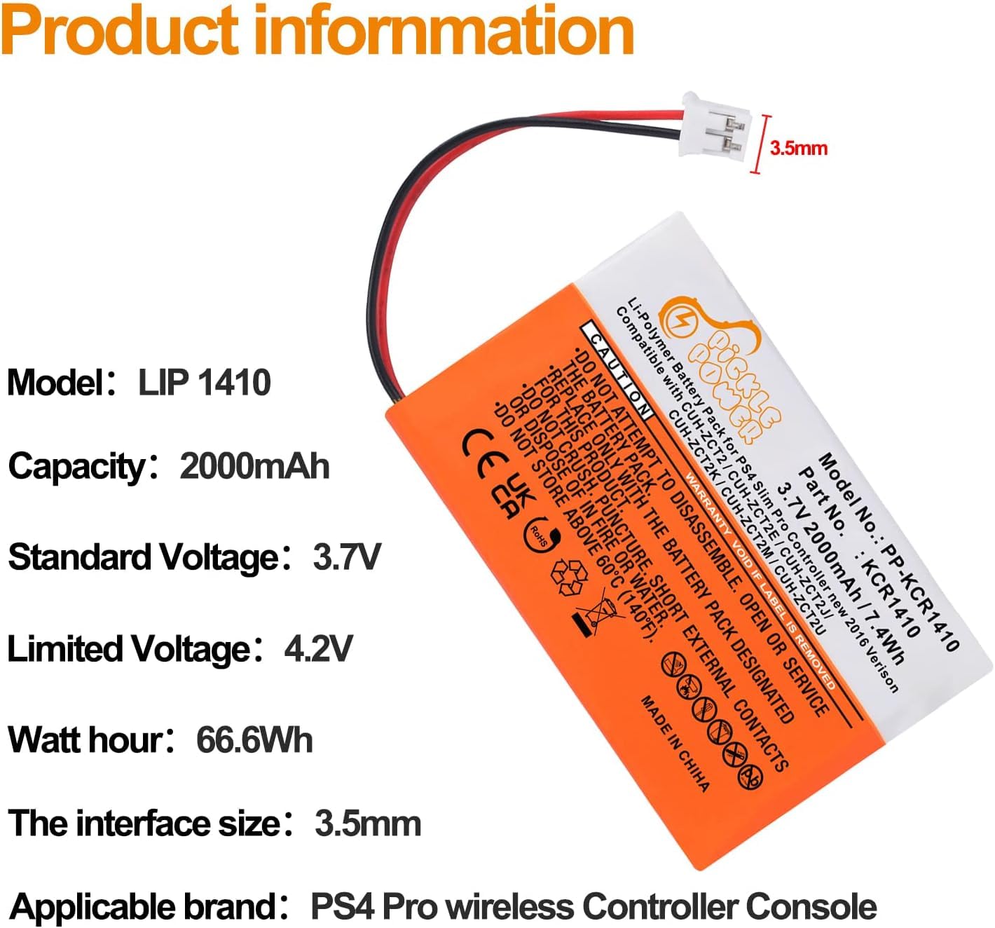 PS4 Controller Akku, Pickle Power 2000mAh KCR1410 Akku für Sony PS4 Slim Pro Controller 2016 Version(3,5mm Schnittstelle) CUH-ZCT2/CUH-ZCT2E/CUH-ZCT2J/CUH-ZCT2K/CUH-ZCT2M/CUH-ZCT2U