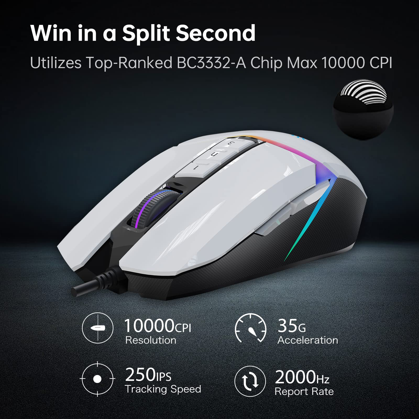 Bloody W60Max Mouse da Gioco Cablato RGB FPS 10.000 CPI, Tutti I Pulsanti programmabili, Rapporto di 2.000 Hz, 250 IPS, memoria integrata da 4 m (Pandawhite)
