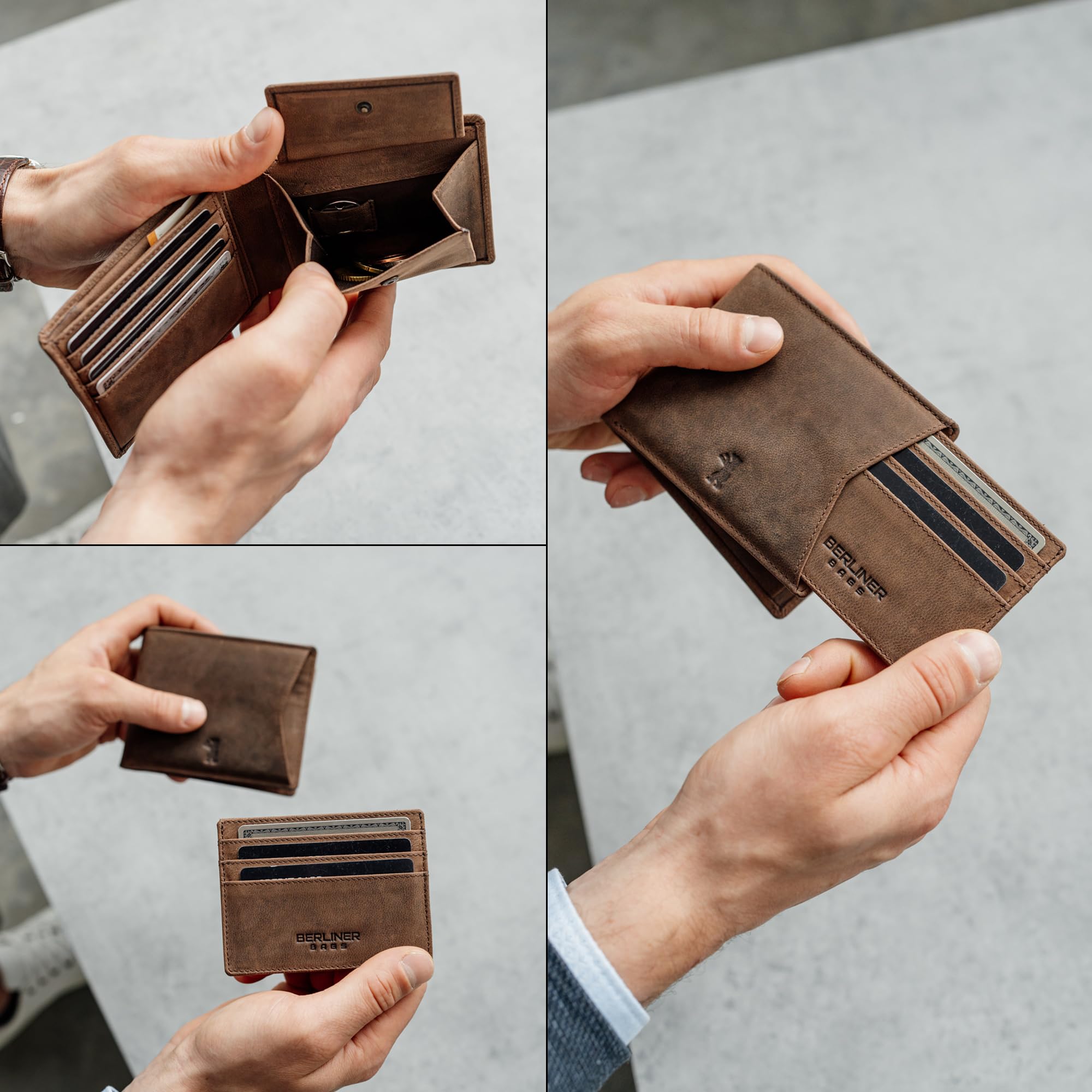 Berliner Bags Kiel Cartera de Piel Auténtica con Tarjetero Extraíble y RFID | Marrón Billetera De Cuero Hombre 8 Tarjetas Ventana Dni Monedero Cierre Botón Alemán Estilo Vintage Único Elegante Práctica
