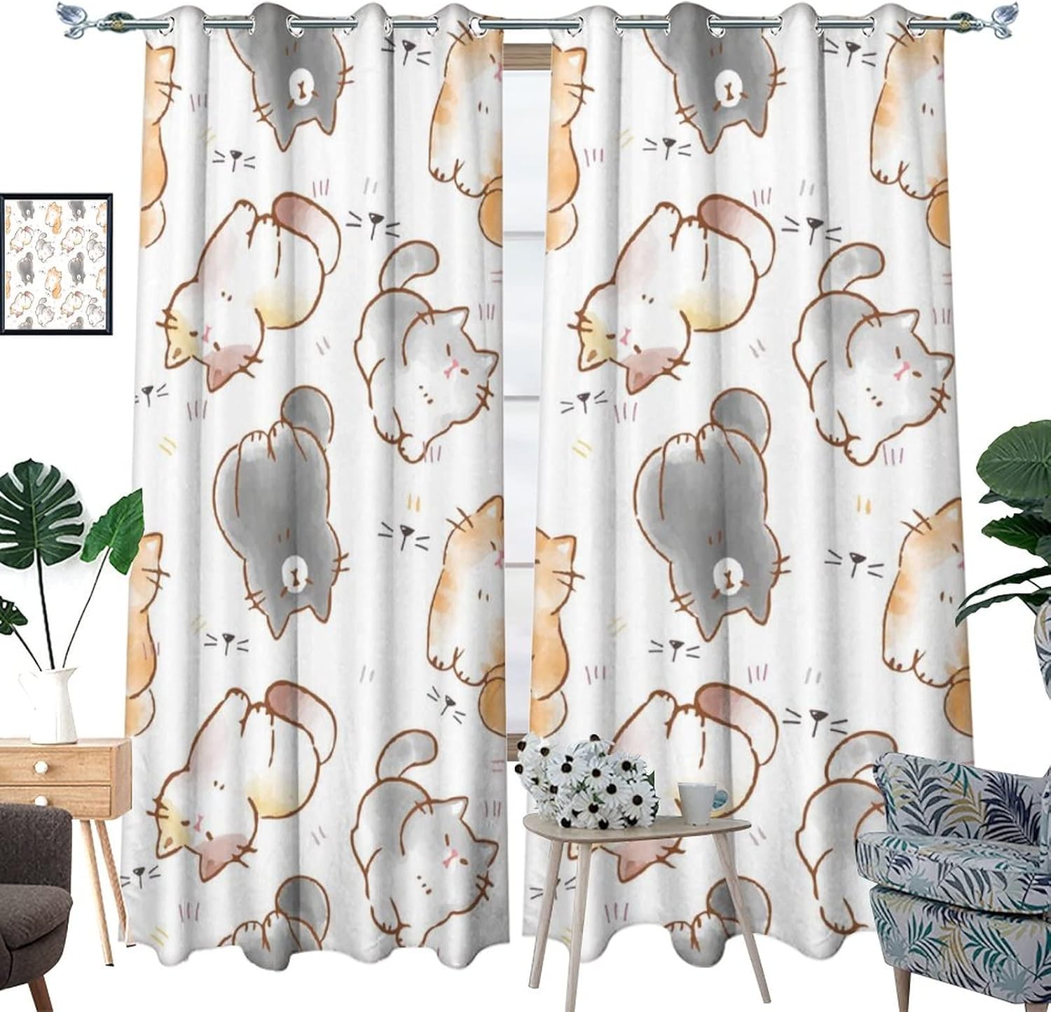 Watercolor Cat Lover Curtains - Cartoon Cute Cat Window Drapes Room Darkening Blackout Curtains Thermal Insulated Grommet Curtains for Bedroom 2 Panels 63L x 31.5W