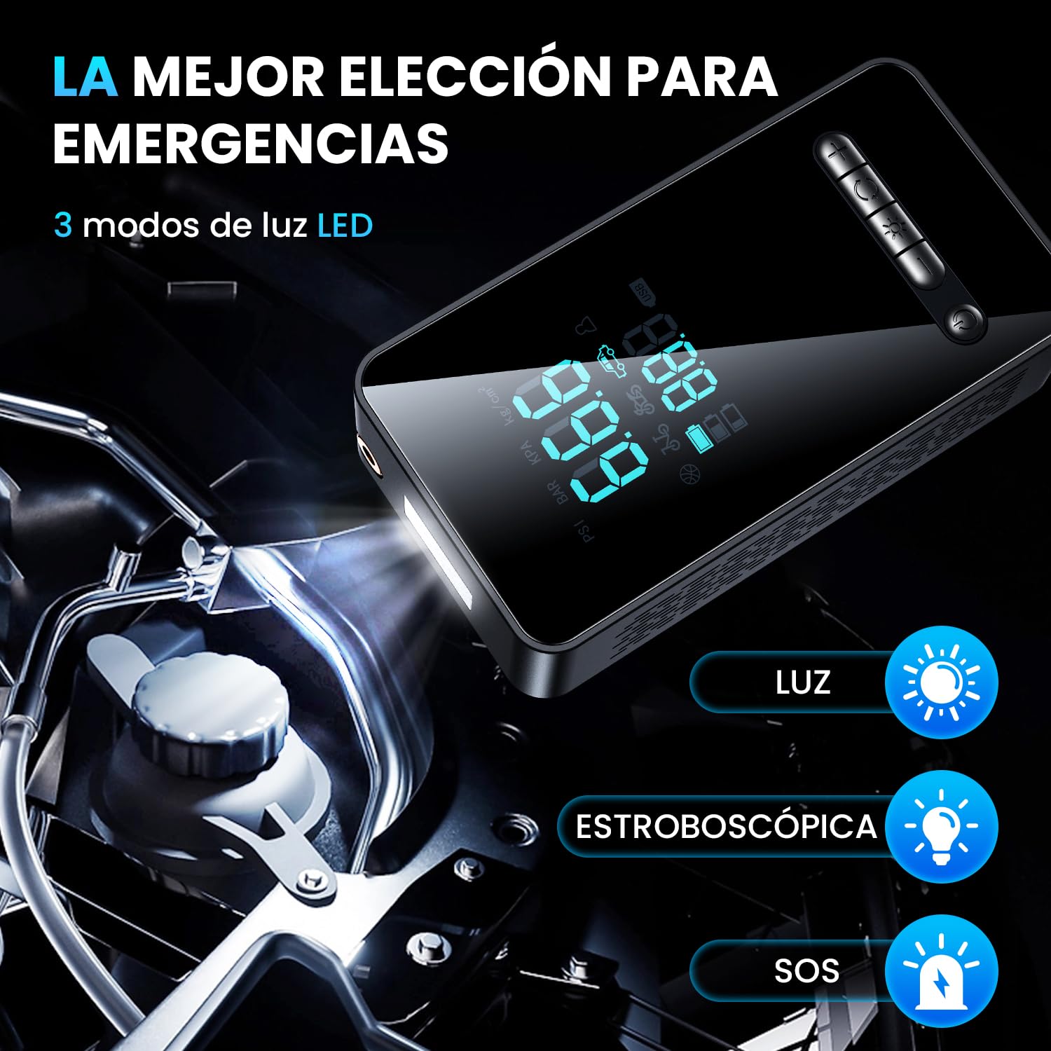 Inflador Ruedas Coche - Compresor Aire Portatil 150PSI con Linterna y Batería Recargable - para Coches, Motos, Bicicletas | Manómetro Digital | SOS Emergencia y Carga USB para Viajes Familiares — view 5