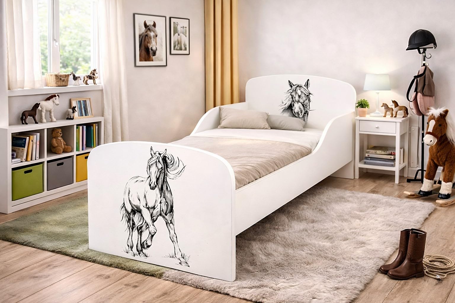 Cama Infantil de Madera 160x80 cm con Colchón y Somier, Caballo | Montaje fácil, diseño moderno, espuma de 10 cm incluida, somier con láminas en madera, bordes redondeados, soporte ventilado