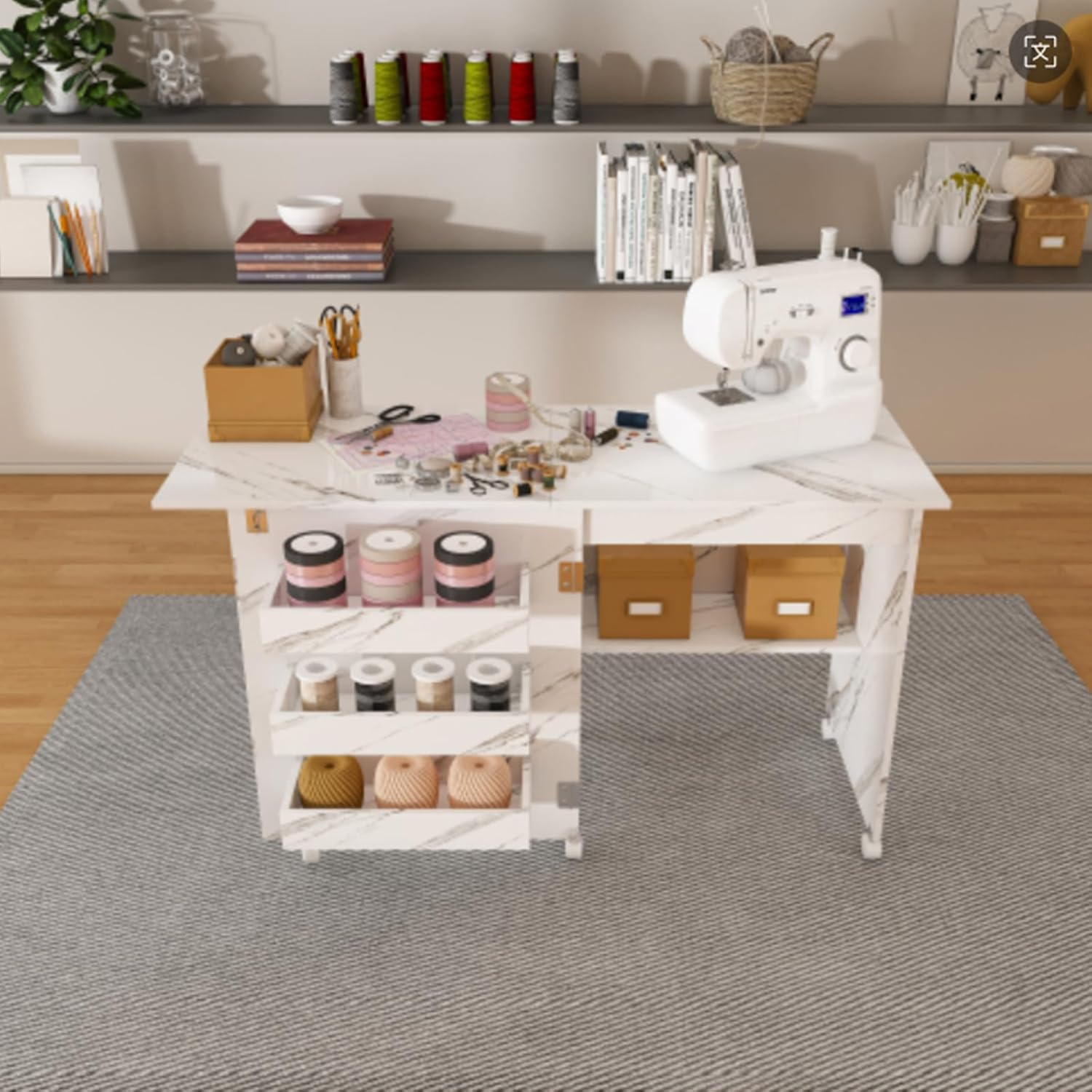 4-in-1 Folding Sewing Table with Lockable Wheels – Multi-Functional Craft Station, End Table, Computer Desk & Kitchen Storage with Shelves, White Rolling Sewing Machine Table for Apartments