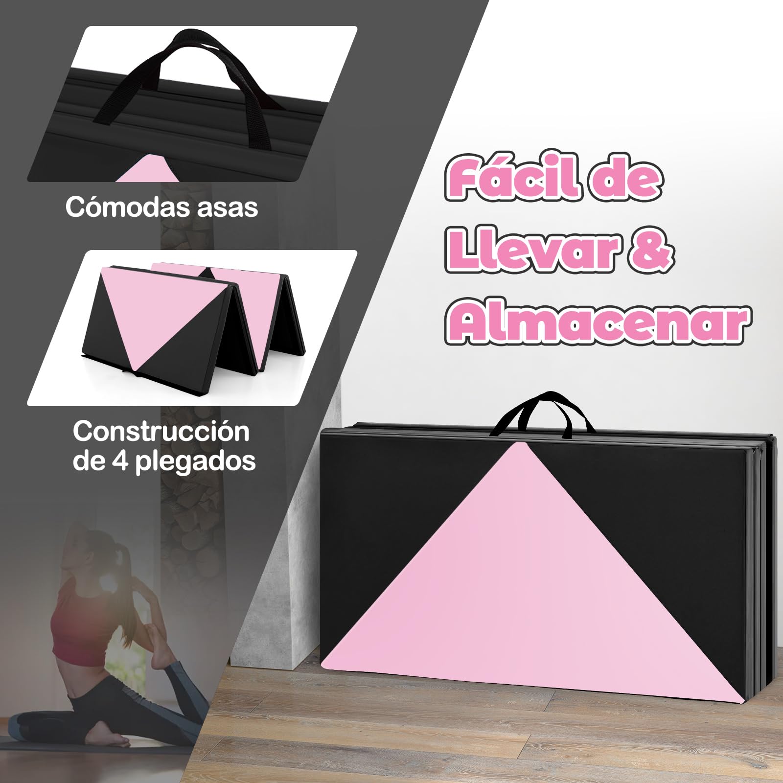 GOPLUS Colchoneta de Gimnasia Plegable, 240x117x5cm, Esterilla de Entrenamiento de Cuero Artificial con Asas de Transporte, Alfombra de Suelo para Fitness Yoga (Rosa + Negro)
