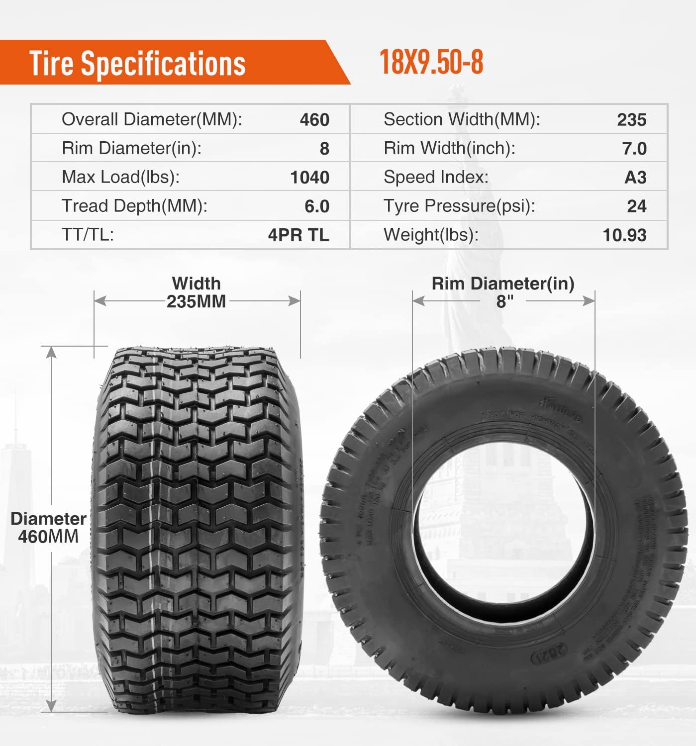 HALBERD 18x9.50-8 Turf Friendly Tire for Lawn & Garden Mower, 18x9.5-8 Great Traction for Garden Tractors, Walk-behind Mowers, Turf Maintenance Vehicles, Golf Carts, Snowblowers, Utility Vehicles -LRB
