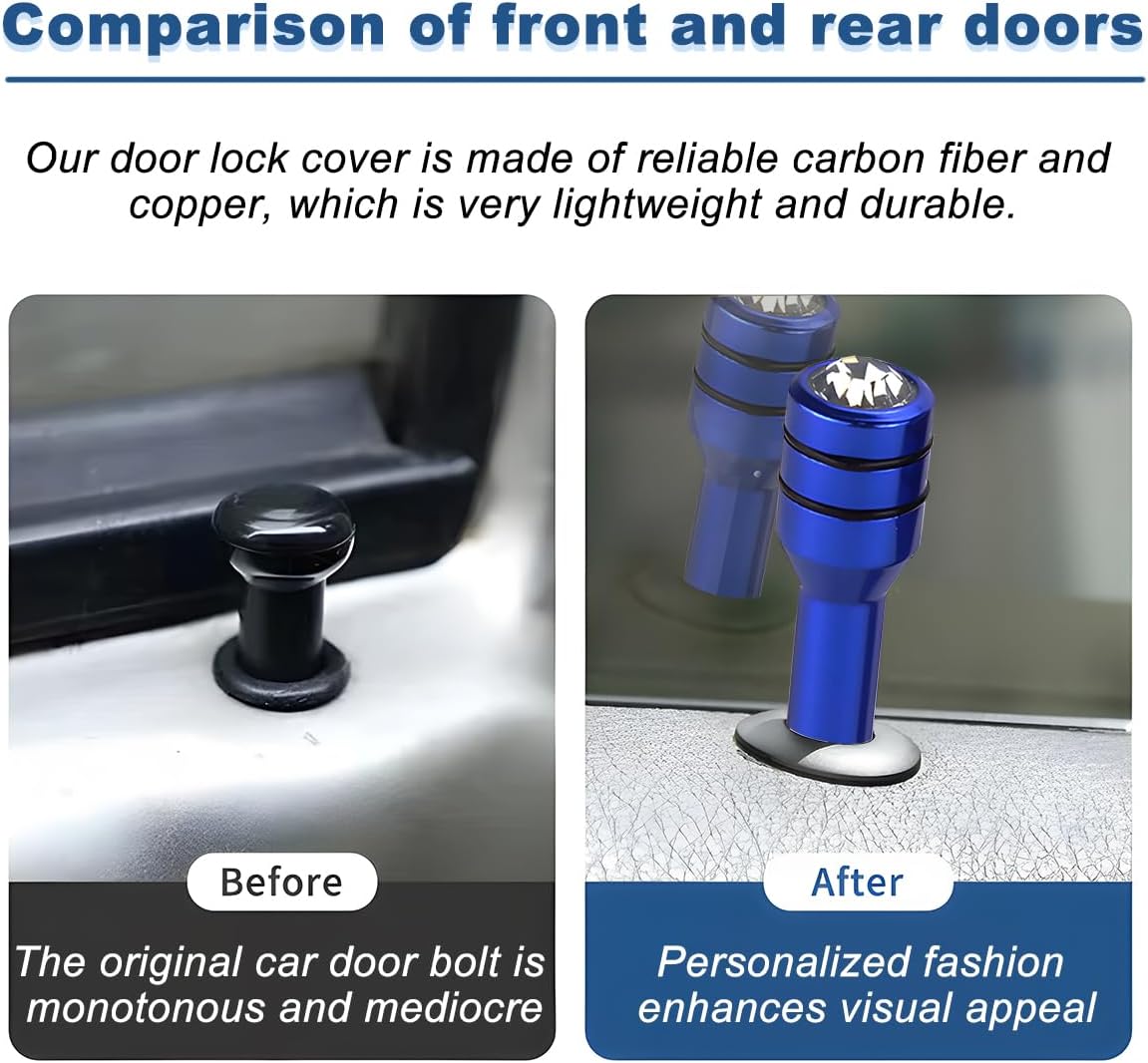 BESULEN Bling Car Door Lock Knob, 4PCS Aluminum Alloy Vehicle Inner Door Lock Pull Pin, Diamond Door Lift Bolt Decoration Modification Cover, Universal Automotive Interior Accessories (Blue)