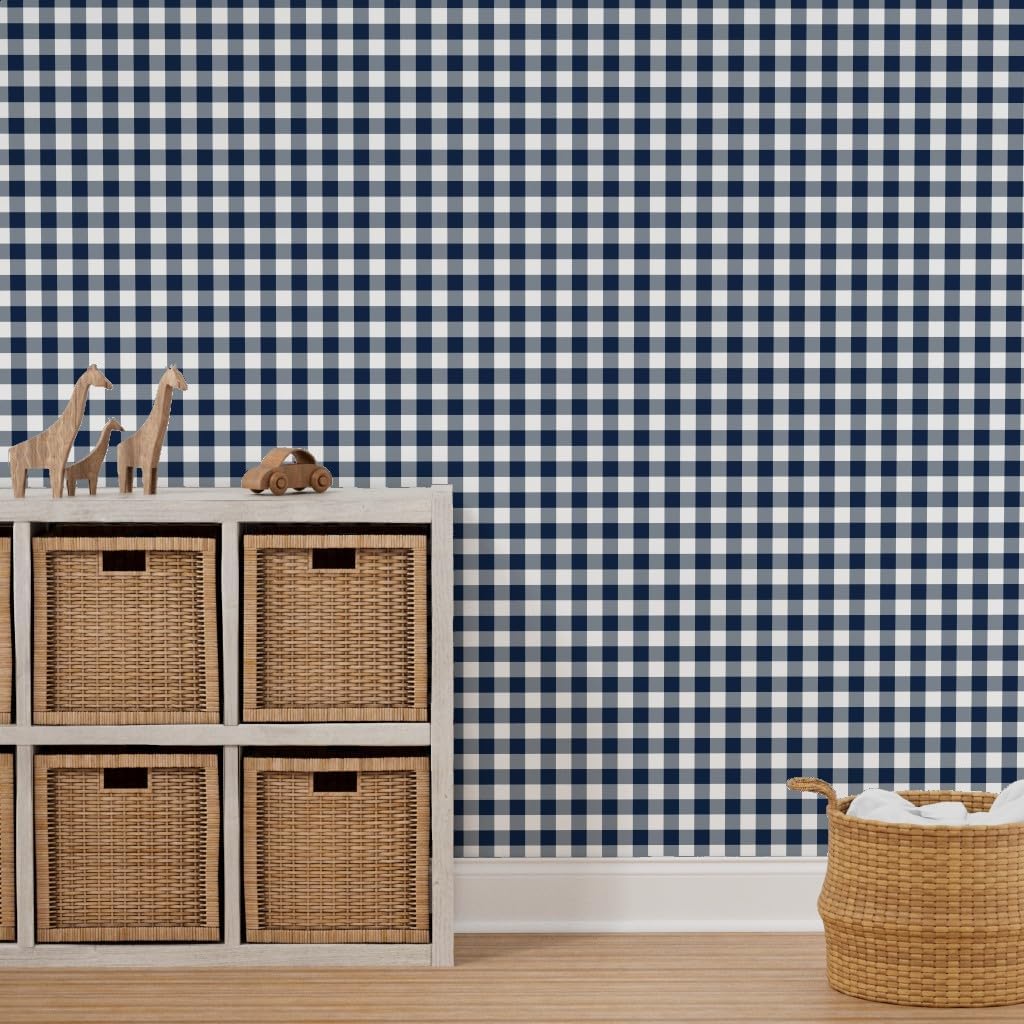 Spoonflower Removable Wallpaper 12ft x 2ft - Navy White Gingham Check Blue Buffalo Plaid Gender Neutral Kitchen Custom Pre-Pasted Wallpaper