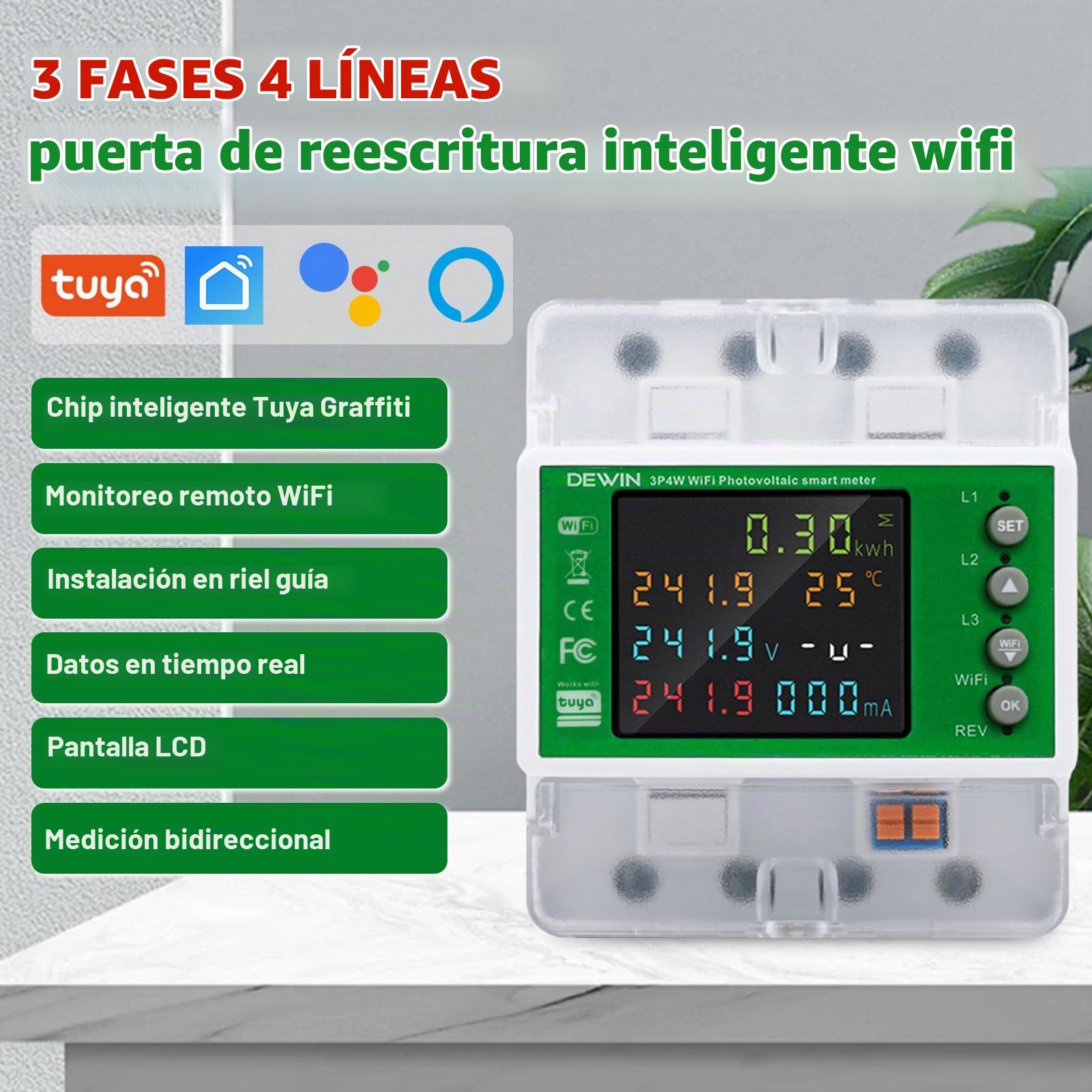 DEWIN WiFi Medidor de Consumo Electrico Trifásico 100A 380VAC Contadores de Energía Trifásicos sobre Raíles Medidor Energia WiFi con Control de Tiempo(con manuales en español)