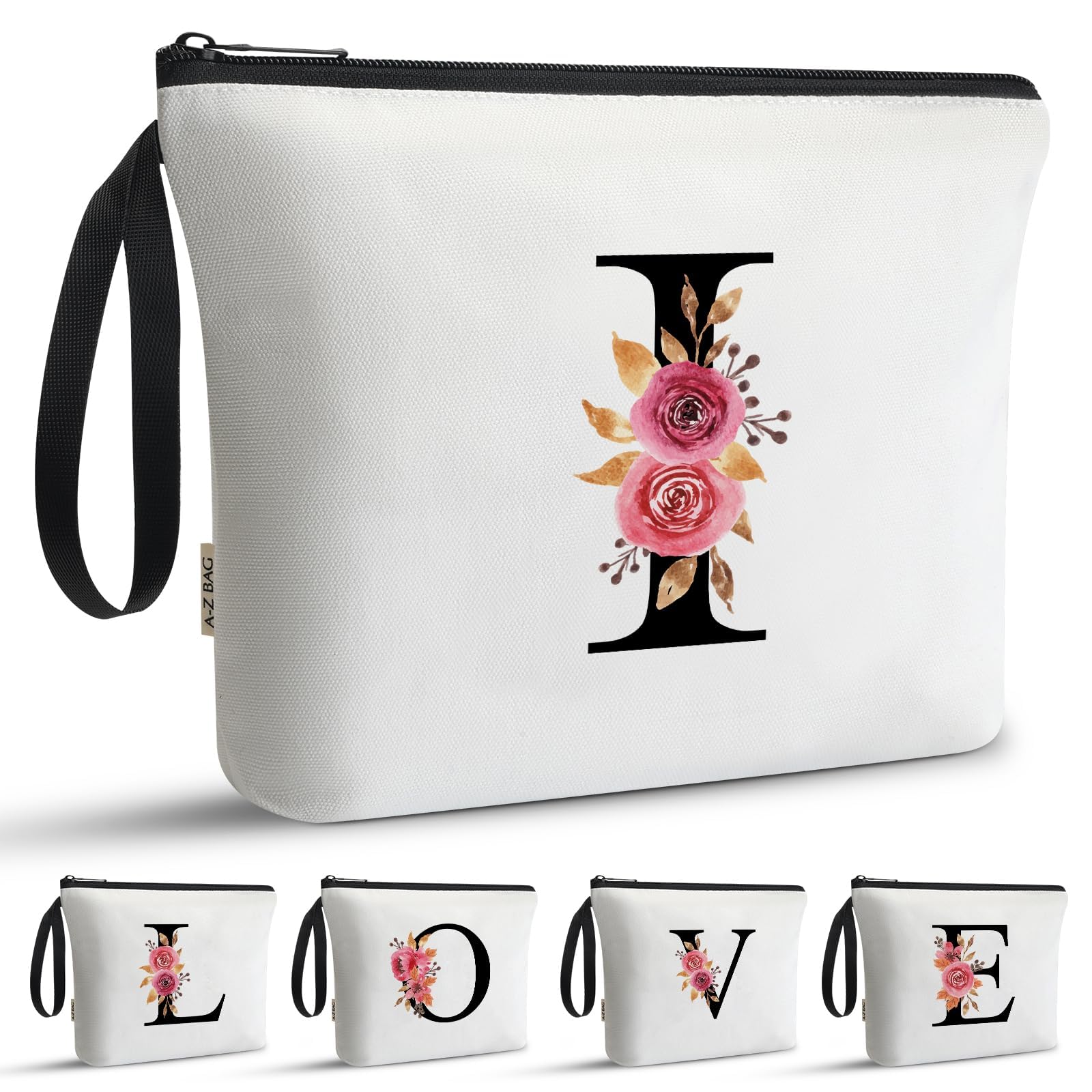 A-Z BAG Personalised Initial Makeup Bag with Floral Letter,Gifts for Women,Mum,Friend,Sister,Teenage Girls,Bridesmaid,Cosmetic Wash Bag & Toiletry Pouch,I