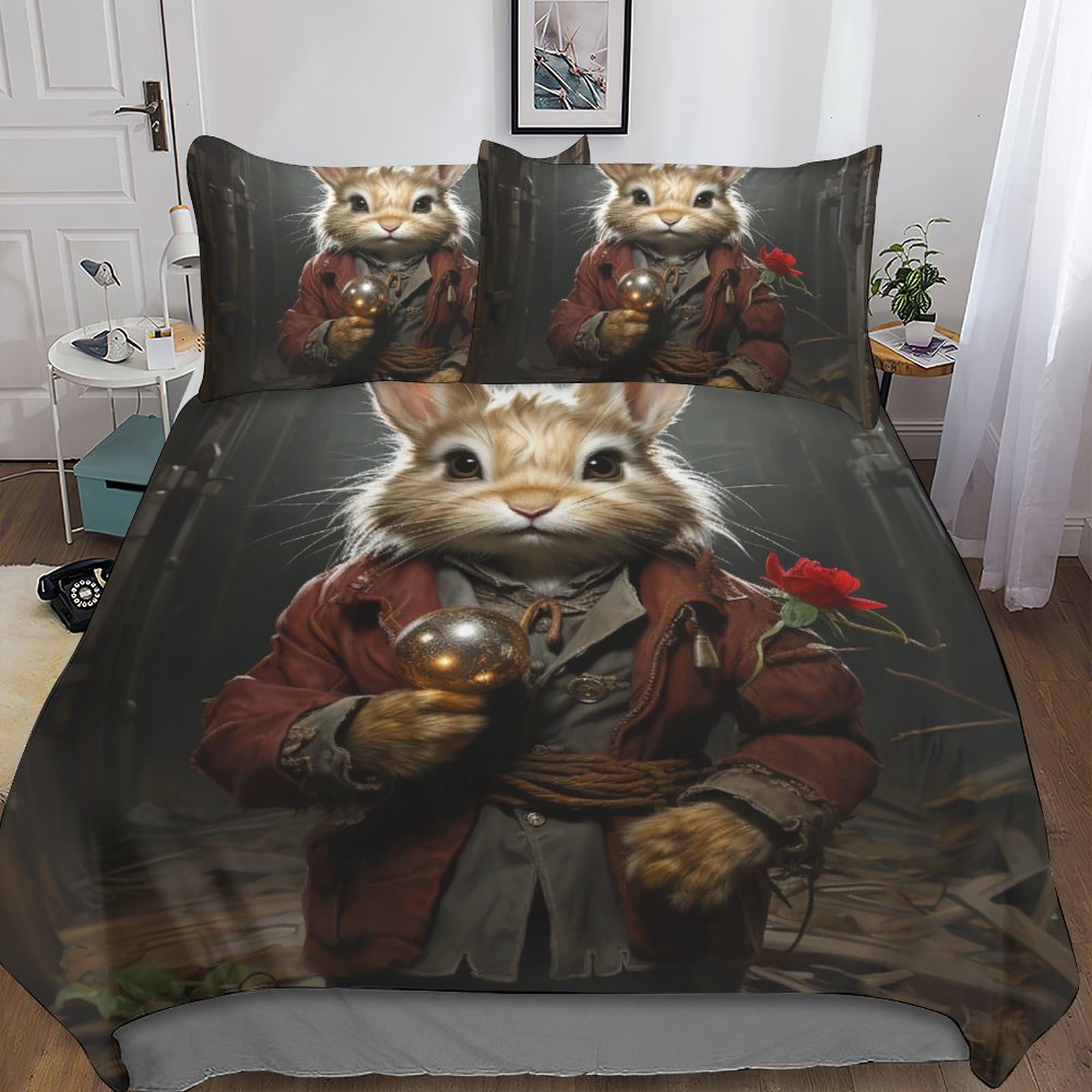 Parure de lit 100% microfibre avec motif lapins mignons 3D ensemble de 3 pièces