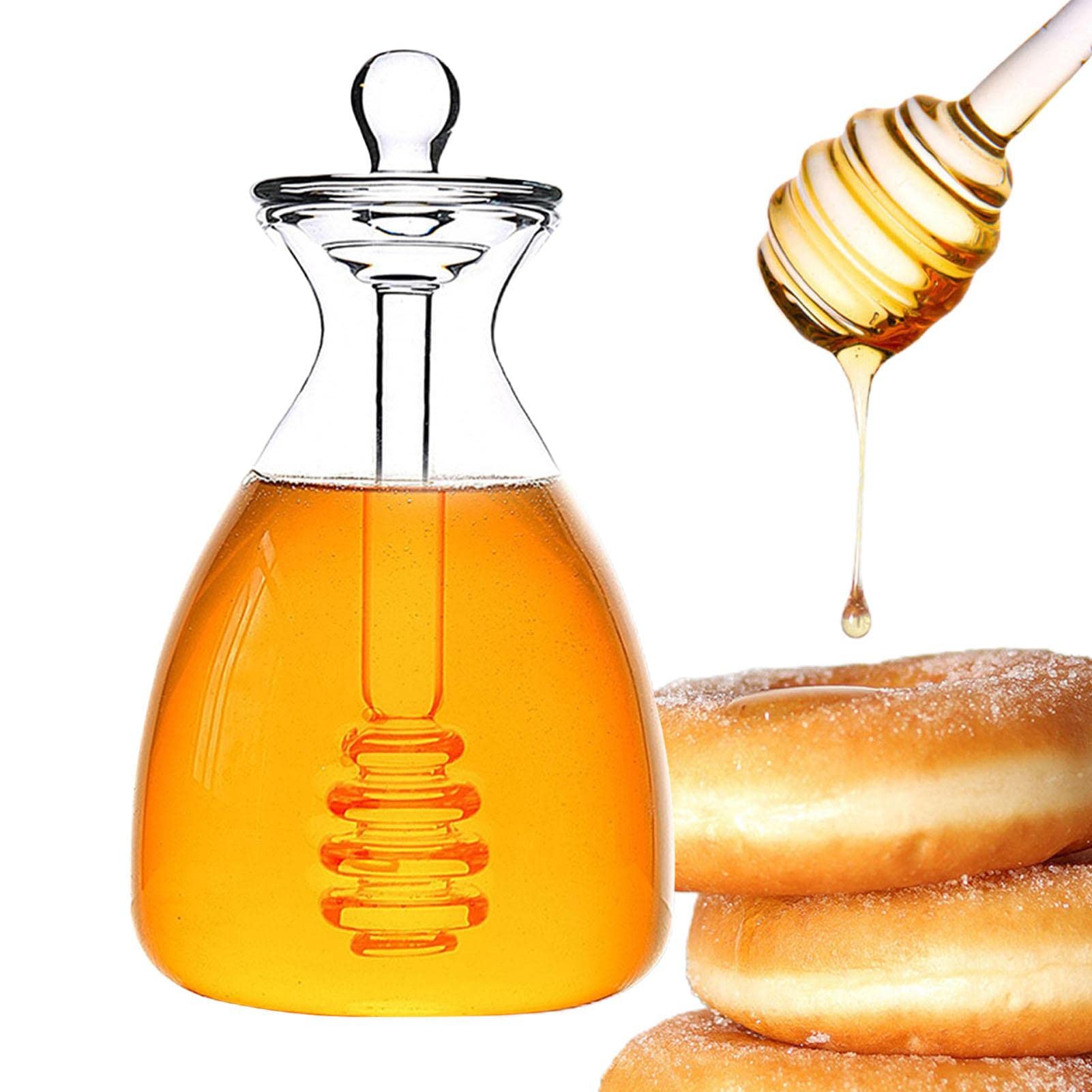 Distributeur De Miel En Verre Avec Cuillère En Bois - Pot 800 Ml Transparent, étanchéité Optimale, Pour Miel, Sirop, Petit-déjeuner - Design Rayures Verticales