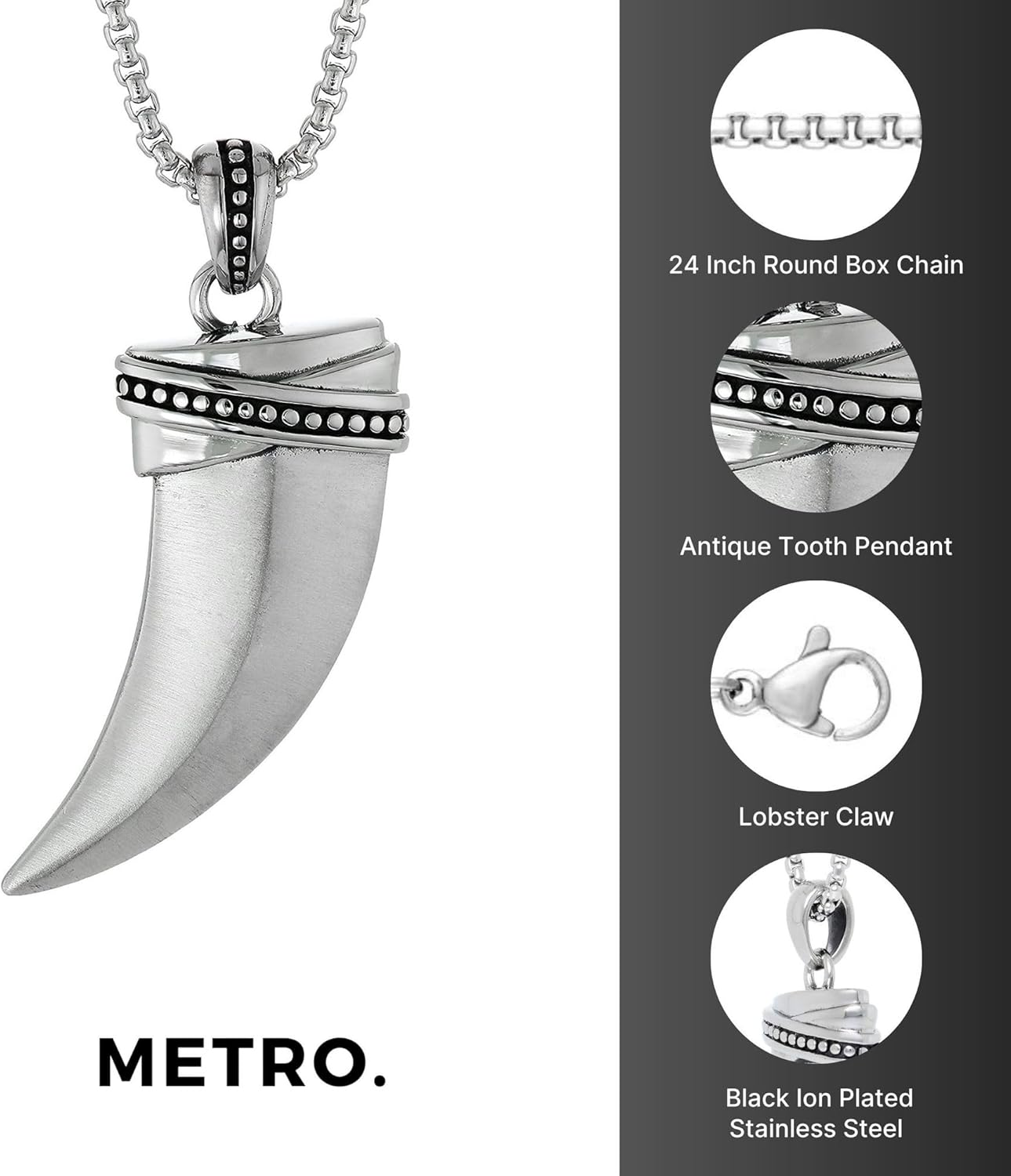 Metro Jewelry Tooth Pendant Necklace for Men in Stainless Steel with Antique Finish on Box Chain - Image 5