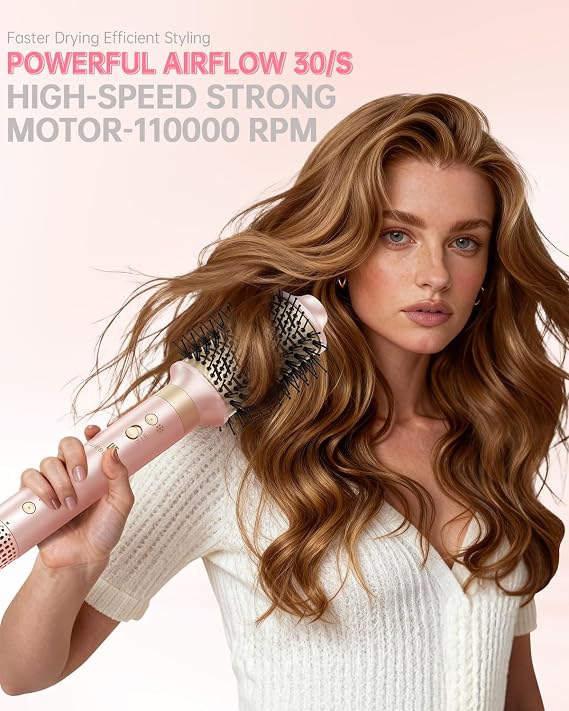 Hair Dryer Brush 8-in-1 Dual Voltage Hot Air Styler Fast-Drying 110,000 RPM Ionic Blow Dryer with Straightener & Curler Attachments, Frizz-Free Volumizing Styler with Protective Hard Case-Pink