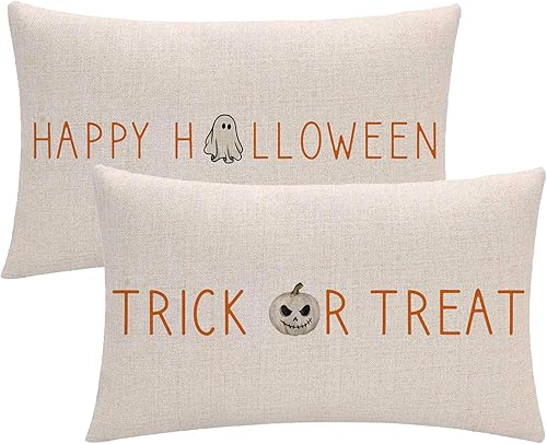 Miniatura 7 de Paquete de 2 fundas de almohada de Halloween naranja fantasma calabaza truco o trato rectangularfunda de cojín de cintura para Halloween,
