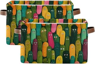 Plaaee Storage Basket Open Home Organizer Bins Storage Baskets with PU Handles Colorful Pickle Faces Collapsible Organizing Box for Closet & Shelf 2pack