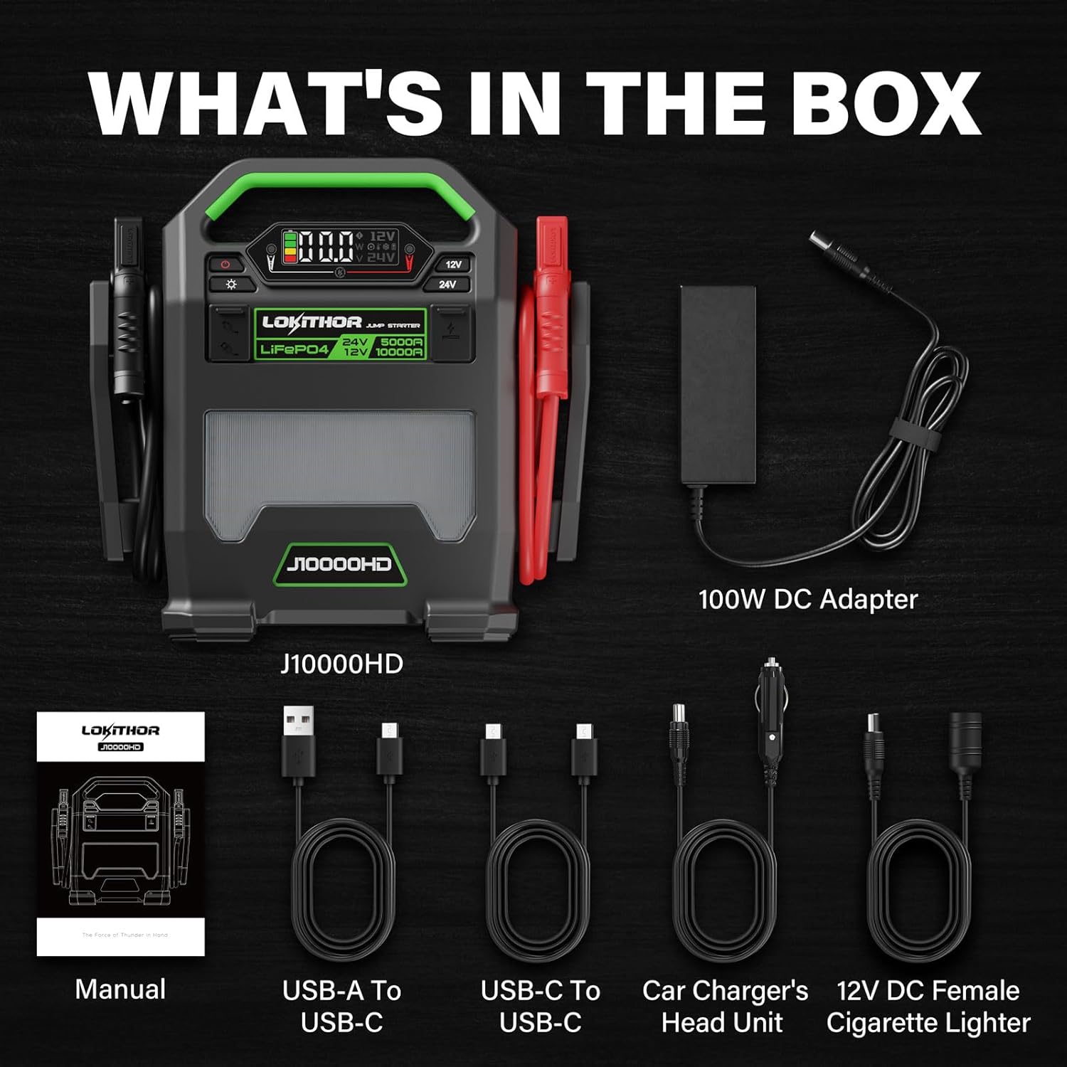 LOKITHOR J10000HD 10000 Amp 12-Volt and 5000 Amp 24-Volt Jump Starter, Portable Lithium Iron Phosphate (LiFePO4) Car Battery Booster Pack, Jumper Box for Gasoline and Diesel Engines Up to 16-Liters