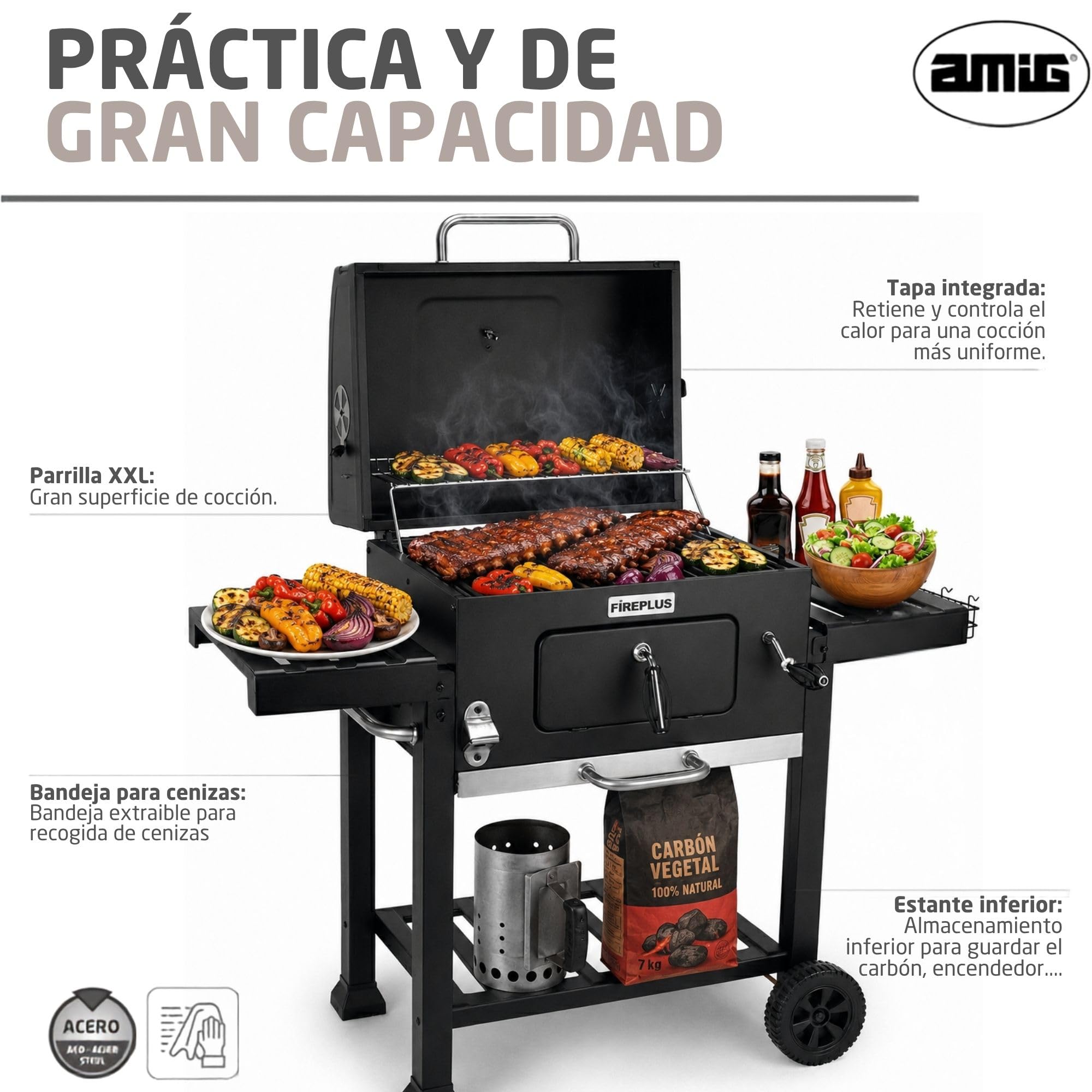 Amig - Barbacoa Fireplus de Carbón XXL - Parrilla de Acero 57x42cm - Con Ruedas y Bandejas Laterales - Asador Transportable Grande - Depósito para Ceniza - 131x116,5x56cm