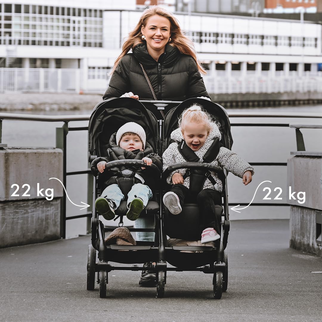 Passeggino Deryan XP X2 2 in 1 - Compatto e pieghevole - Adatto dalla nascita fino a 4 anni - Passeggino con portata massima di 22 kg per sedile - Nero