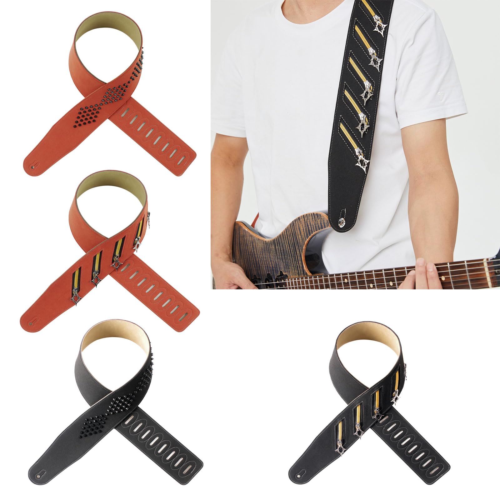 Correa de guitarra de hombro ancho con temática punk, decoración de tachuelas de metal de microfibra, longitud ajustable para mayor comodidad al tocar, correa de bajo